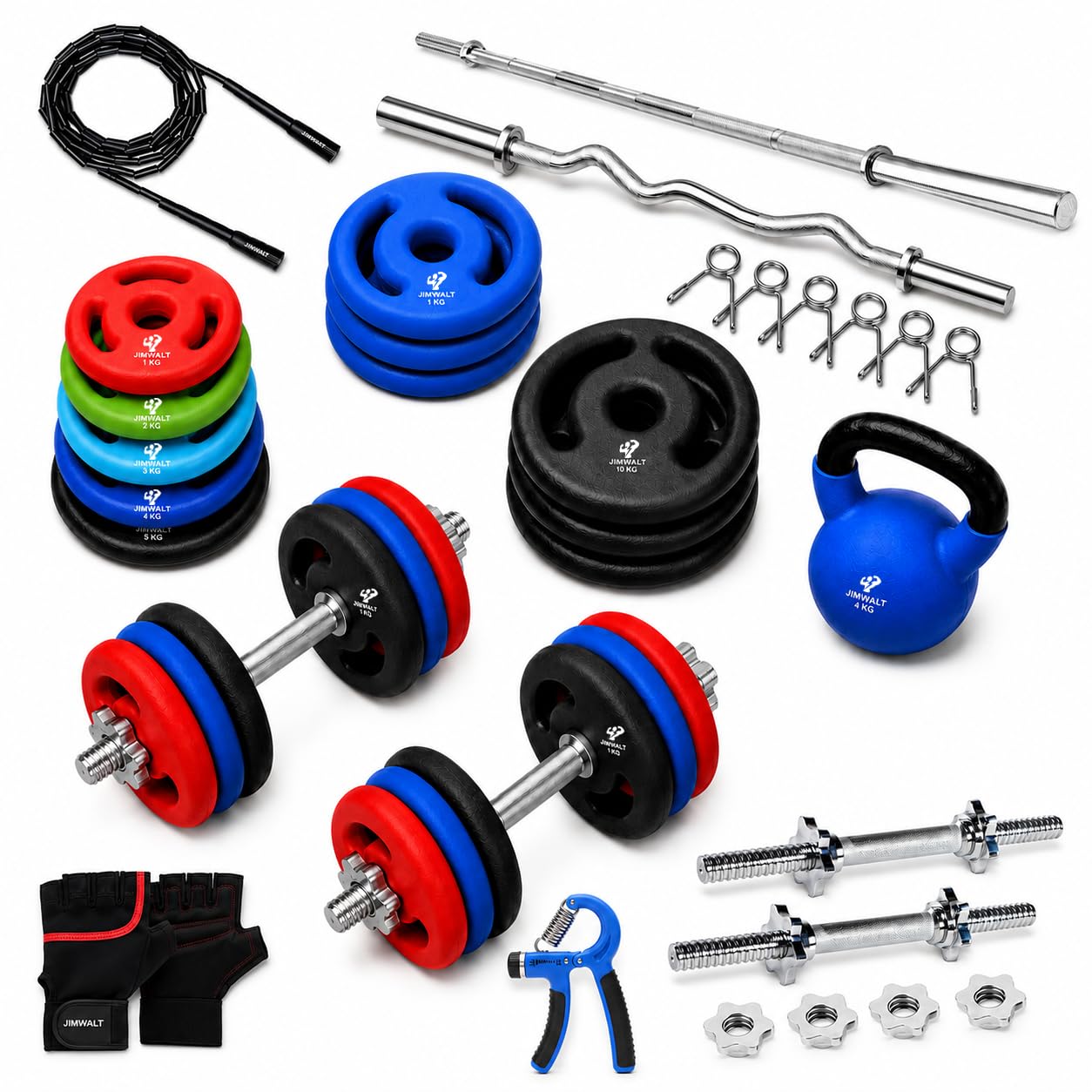 The Indian Made Jimwalt Best Home Gym Set (10 Kg to 200 Kg) with 100 Cast Iron with Neoprene Coated Weight Plates with 3 ft Curl+ 5 ft Plain Rod (Proudly Made in India) (60kg)-image-48