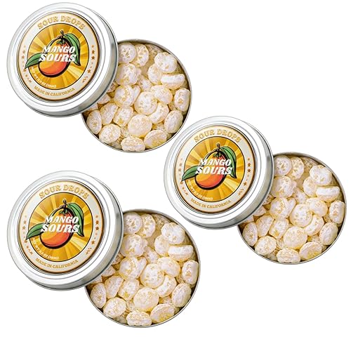 Vista 11 de Sour Drops - Lotes pequeños de frutas agrias - Mandarina, sandía, frambuesa azul - Sin tintes artificiales, veganos y sin gluten - 3 latas de regalo