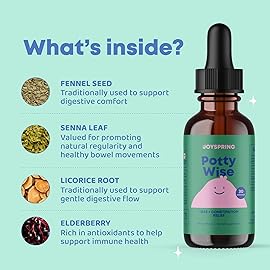 JoySpring Potty Wise Drops - Natural Constipation Relief for Kids & Toddlers - Elderberry, Licorice Root Extract, Fennel Seed & Senna - Sugar-Free Vegan Liquid Blend Supplement (1 fl oz) 30 Servings