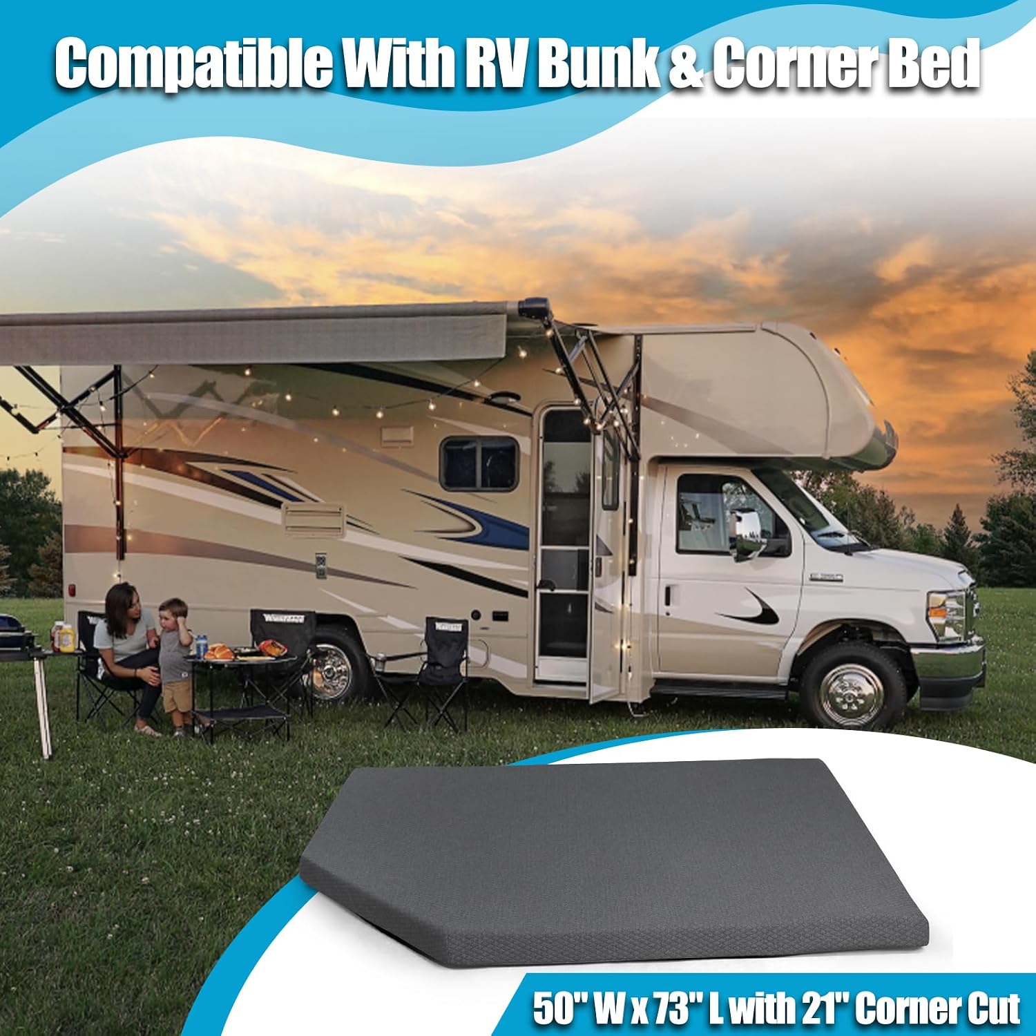 RV Corner Angle Cut Bunk Mattress, 3.2" Thick Memory Foam, Medium Firm, 21" Corner Angle, 73" x 50", Remove Cover, for Trailers, Camper Vans