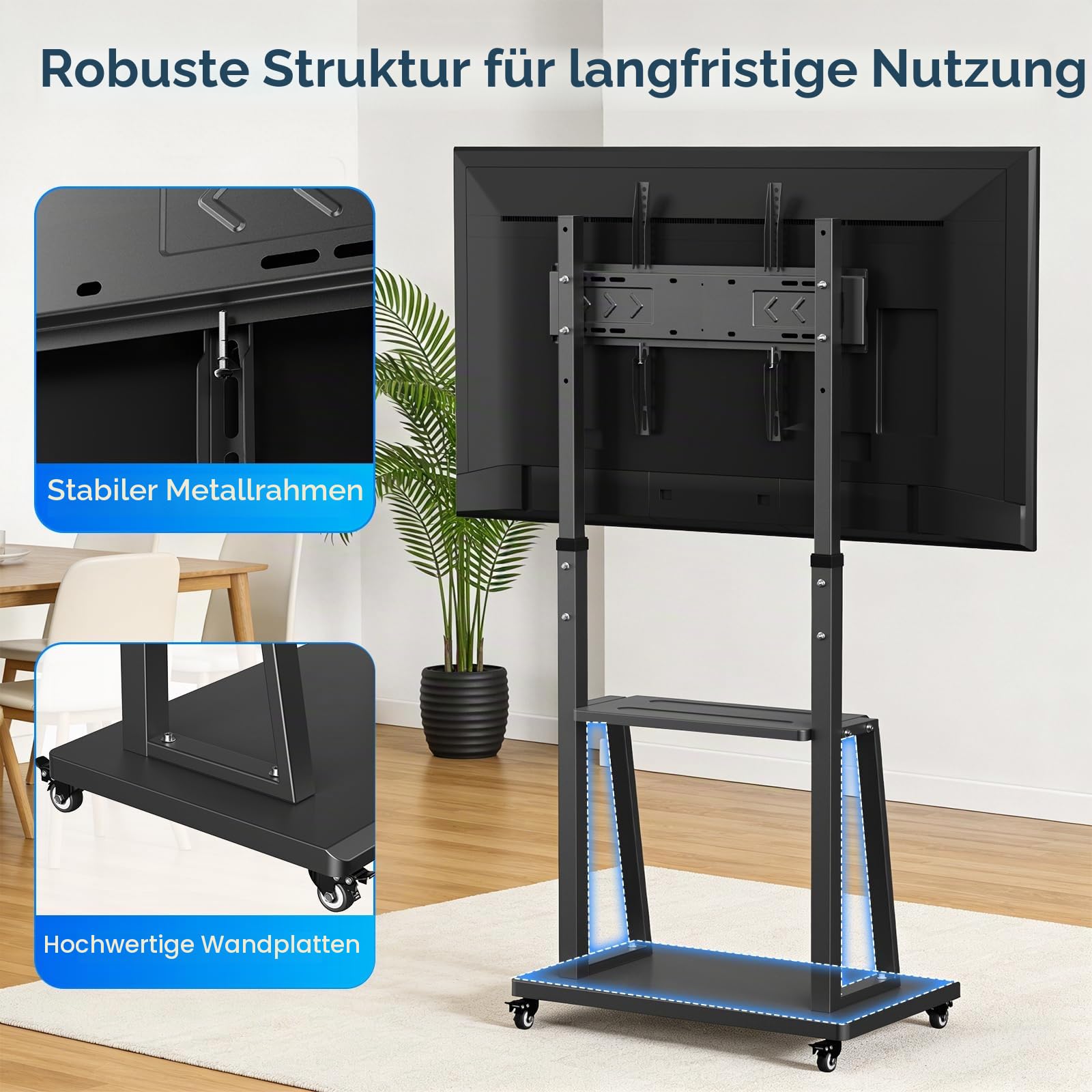 TV Ständer mit Rollen, Mobiler Fernsehtisch für 40-70 Zoll, Höhenverstellbar 123-155 cm, aus Metall für Wohnzimmer Büro, bis max. VESA 600x400, 155x70x43cm