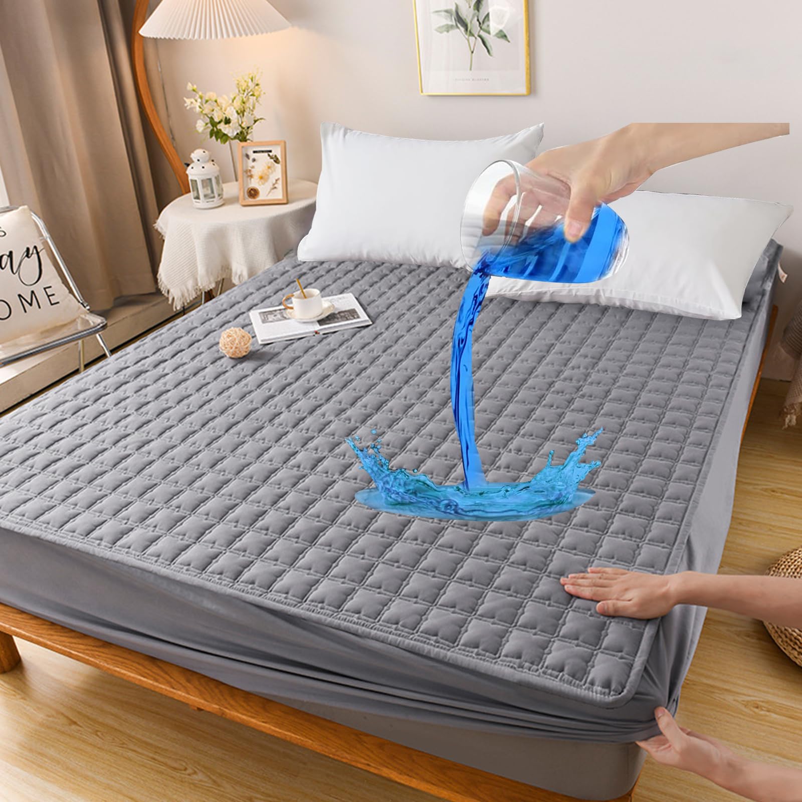 VUCATIN100% Waterproof Mattress Protector, King Size Breathable Pad Cover, Soft & Noiseless Fitted Dirt-proof Bed Mattress Cover with Deep for Pocket,for Home, Bedroom, Hotel (180 * 220cm/grey)