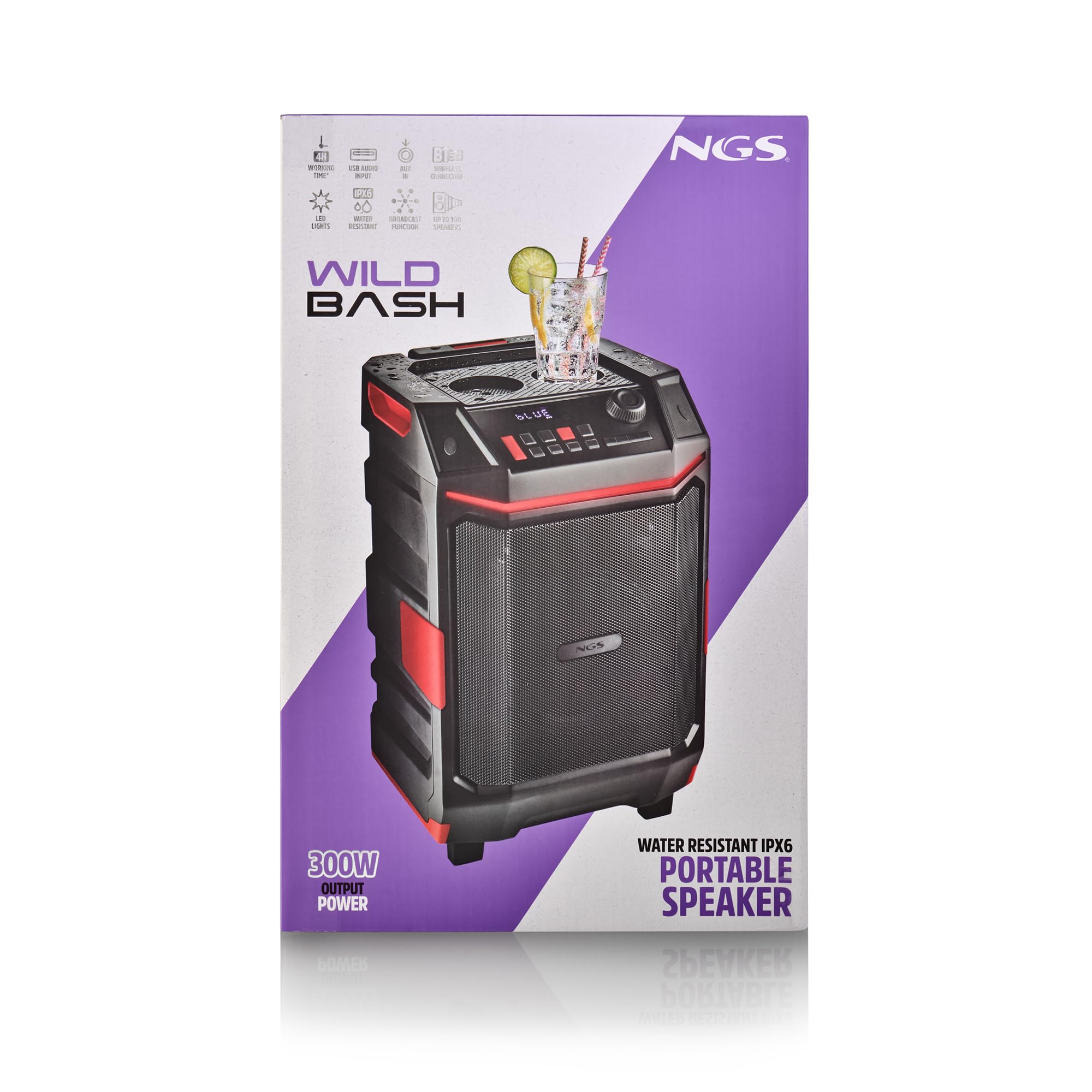 NGS Wild Bash - Enceinte Bluetooth 5.4 Portable 50 W RMS avec lumières LED RVB, Batterie Rechargeable Amovible, étanche IPX6, karaoké et Fonction Diffusion