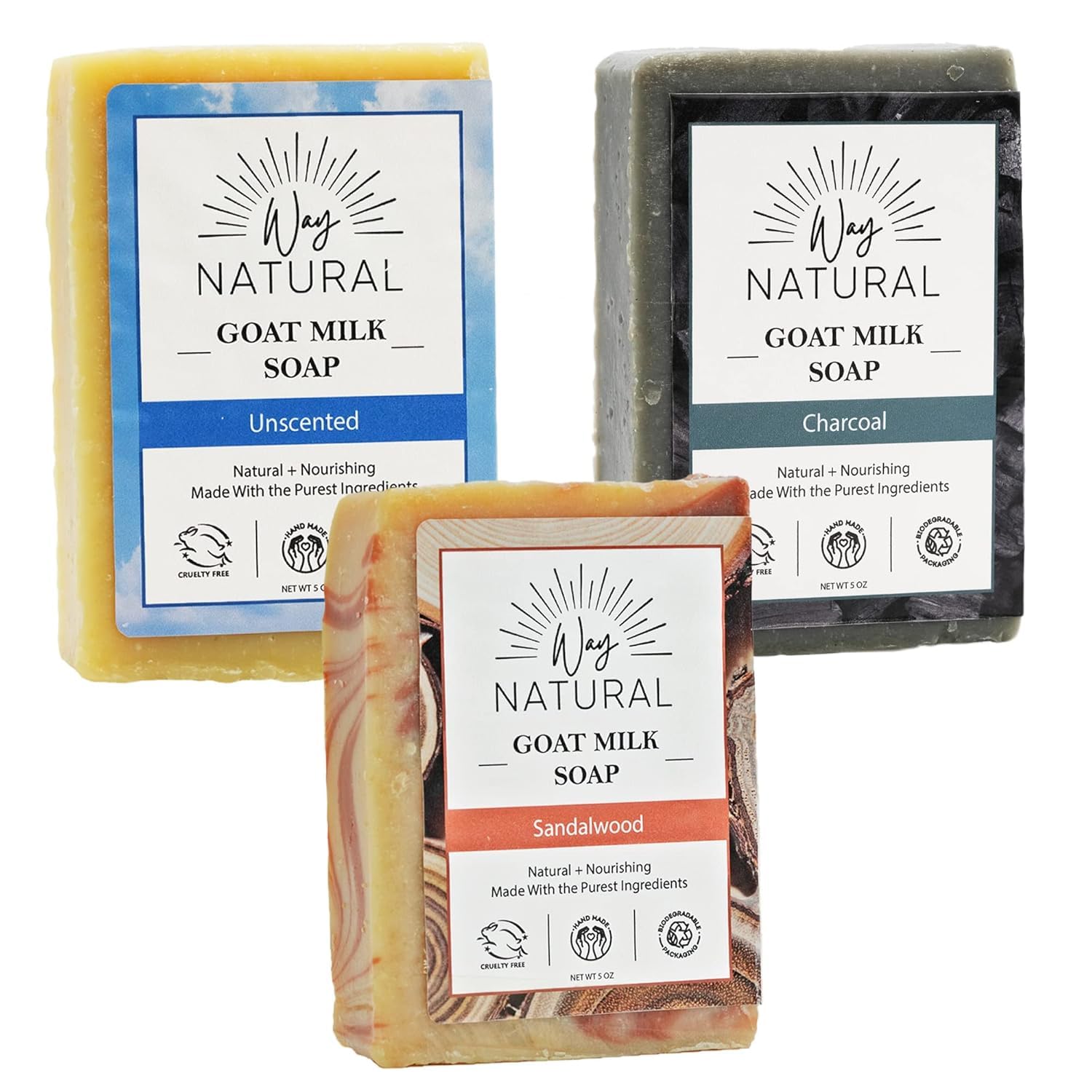 Way Natural Goat Milk Soap Bar (Variety 3 Pack) - Natural Bar Soap for Men & Women - Handmade w/Real Milk, Hands/Body - Premium, Gentle, No Dyes - (