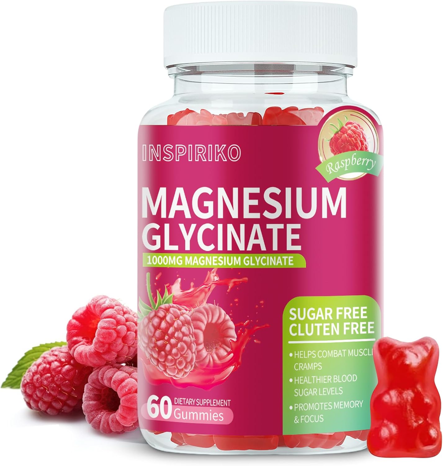 Magnesium Glycinate Gummies 1000mg - Sugar-Free Magnesium Potassium Supplement with Vitamin D, B6, CoQ10 for Adults & Kids,High Absorption for Calm Mood & Sleep Support - 60 Raspberry Gummies