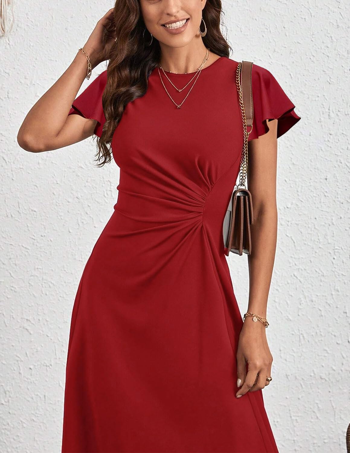 Vestido Mujer Elegante Verano Manga Corta Pliegue en la Cintura Vestido A-línea Coctel Vestidos de Boda Invitada