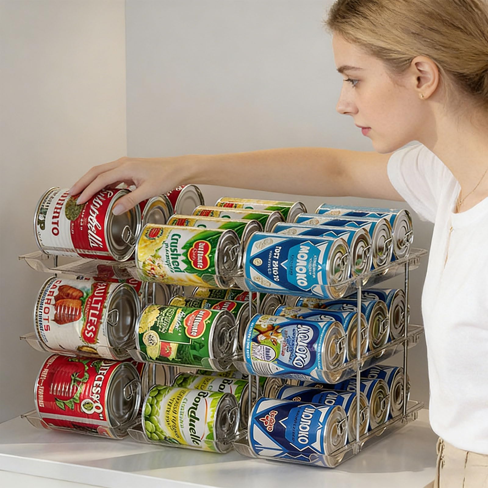 Organizadores de latas apilables de 3 Niveles para Contener hasta 36 latas con Sistemas de Enrollado automático y diseños Que ahorran Espacio Dispensador de latas de