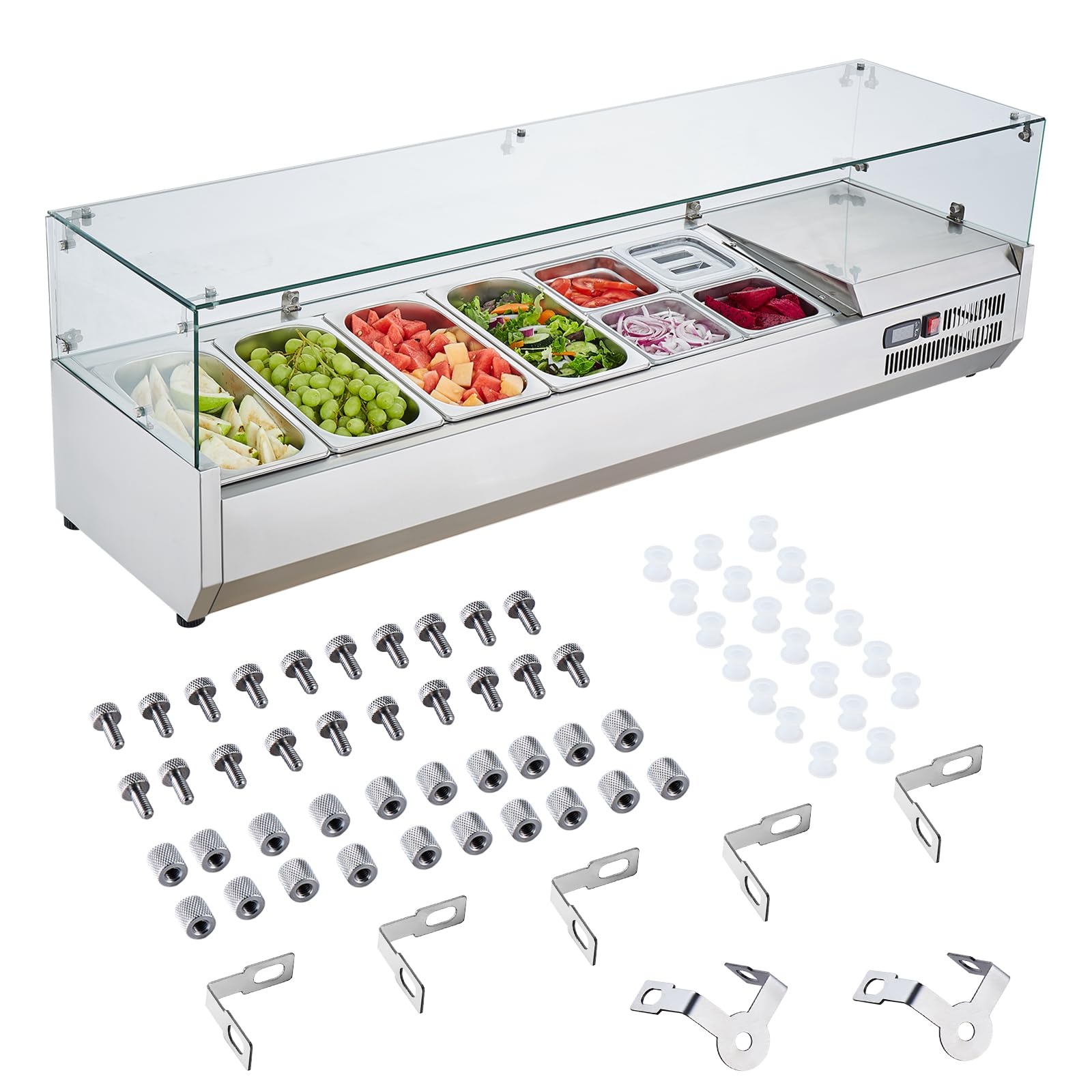 VEVOR Stazione di Preparazione Refrigerata per Condimenti da Banco con 4 Vaschette 1/3, 4 Vaschette 1/6, Stazione di Preparazione per Frigorifero 155 W Corpo in Acciaio Inossidabile 304, Coperchio PC