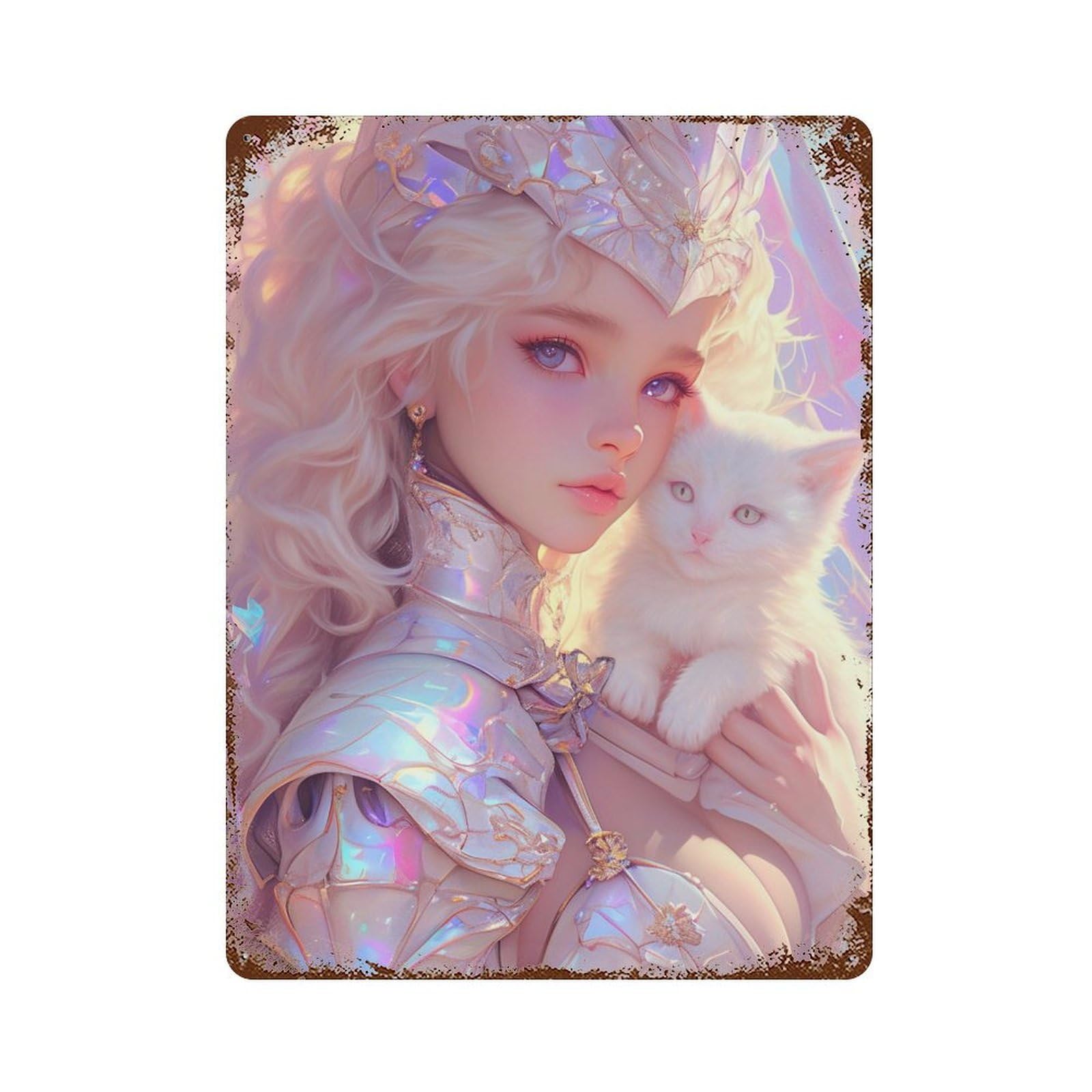 Rustic Tin Plaque with Enchanted Fairy Tale Princess with Kitten Design 15.7"x11.8", for Pub, Kitchen And Man Cave Decor, Old School Wall Decor