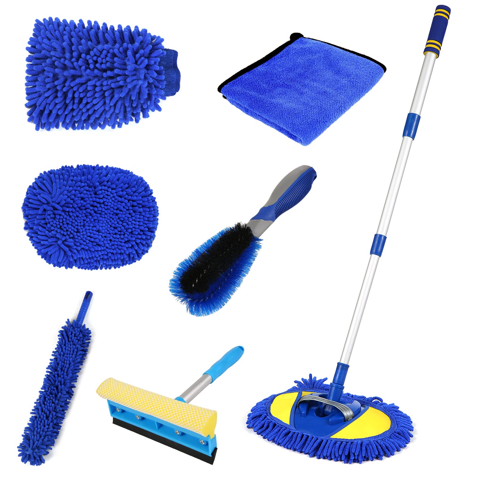 Car Wash Mop Brush with Long Handle, Car Detailing Kit Wash Mitt Car Washing Tire Brush Cleaning Kit, Window Squeegee Car Duster Microfiber Towel Washing Supplies Set for Car RV SUV Truck