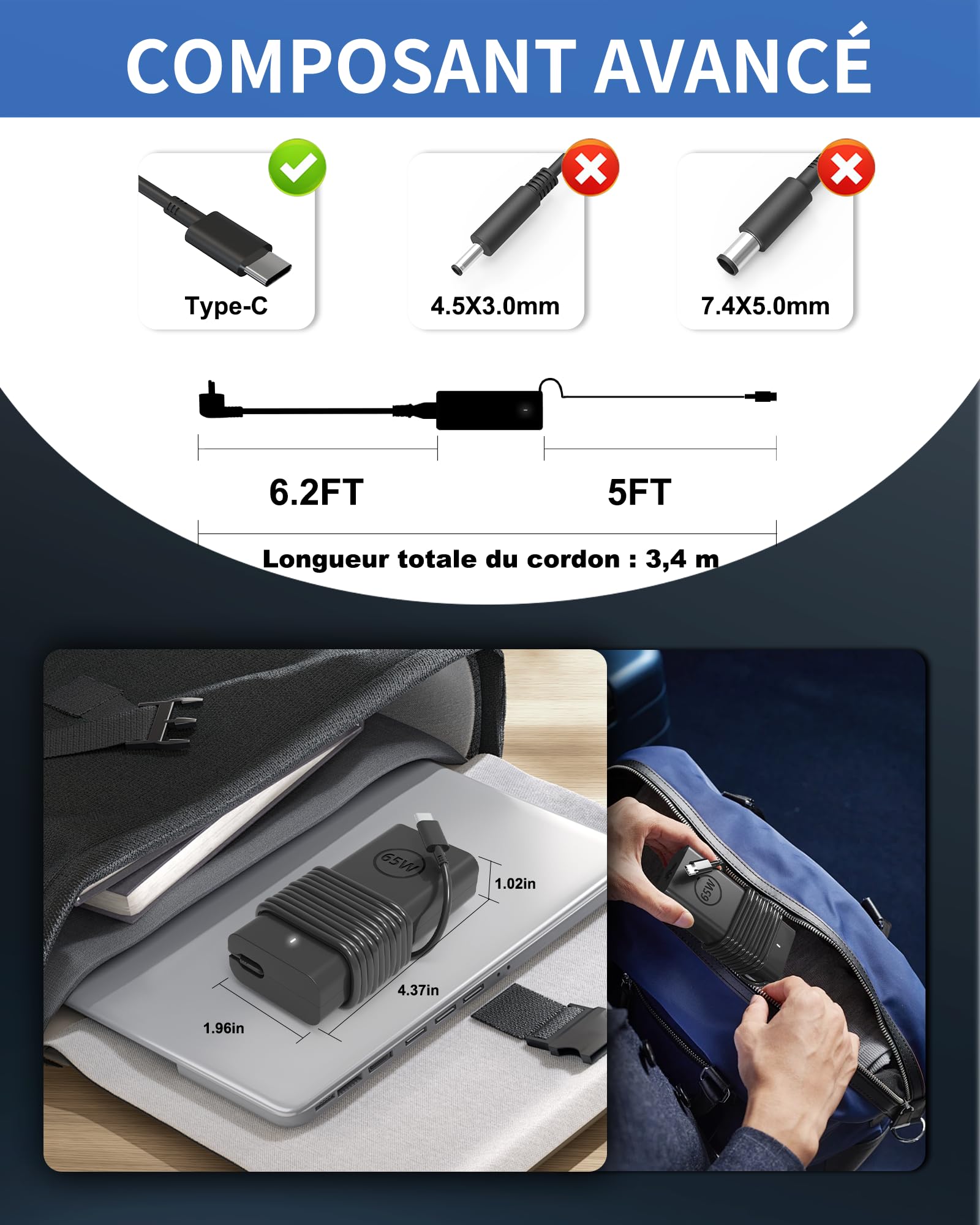 Chargeur 65W USB C pour Dell Pro 16 14 13 Plus Latitude 5420 5430 E5440 5550 5530 5450 5540 5520 7420 7440 5400 3550 3450 XPS 13 Chromebook 3100 Type C Computer Chargeur