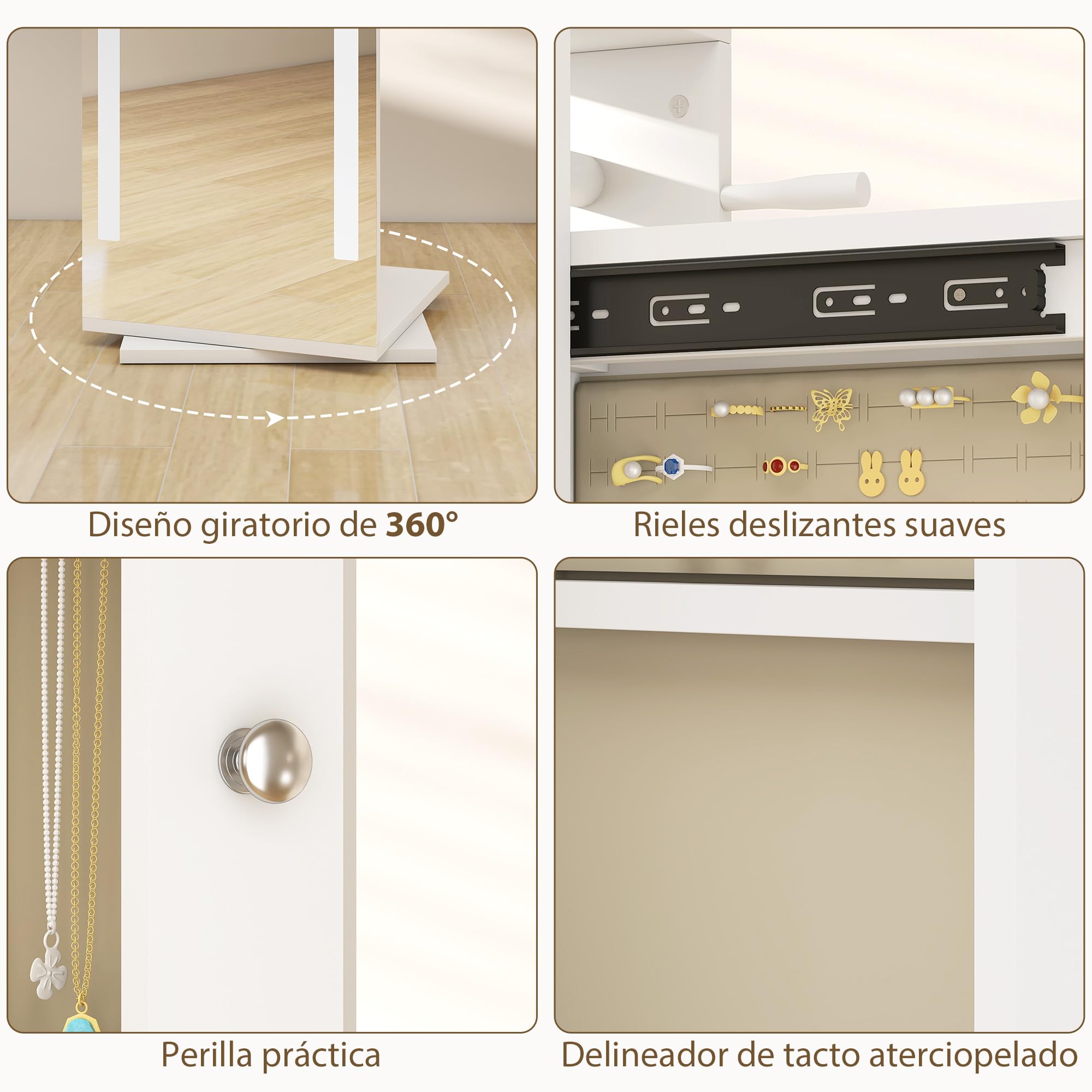 HOMCOM Espejo Joyero con Luces LED, Armario Joyero con Espejo de Cuerpo Entero sin Marco, Armario para Joyas Giratorio 360° con Estantes Abiertos, Perchero y Barras para Colgar, Blanco y Forro Beige