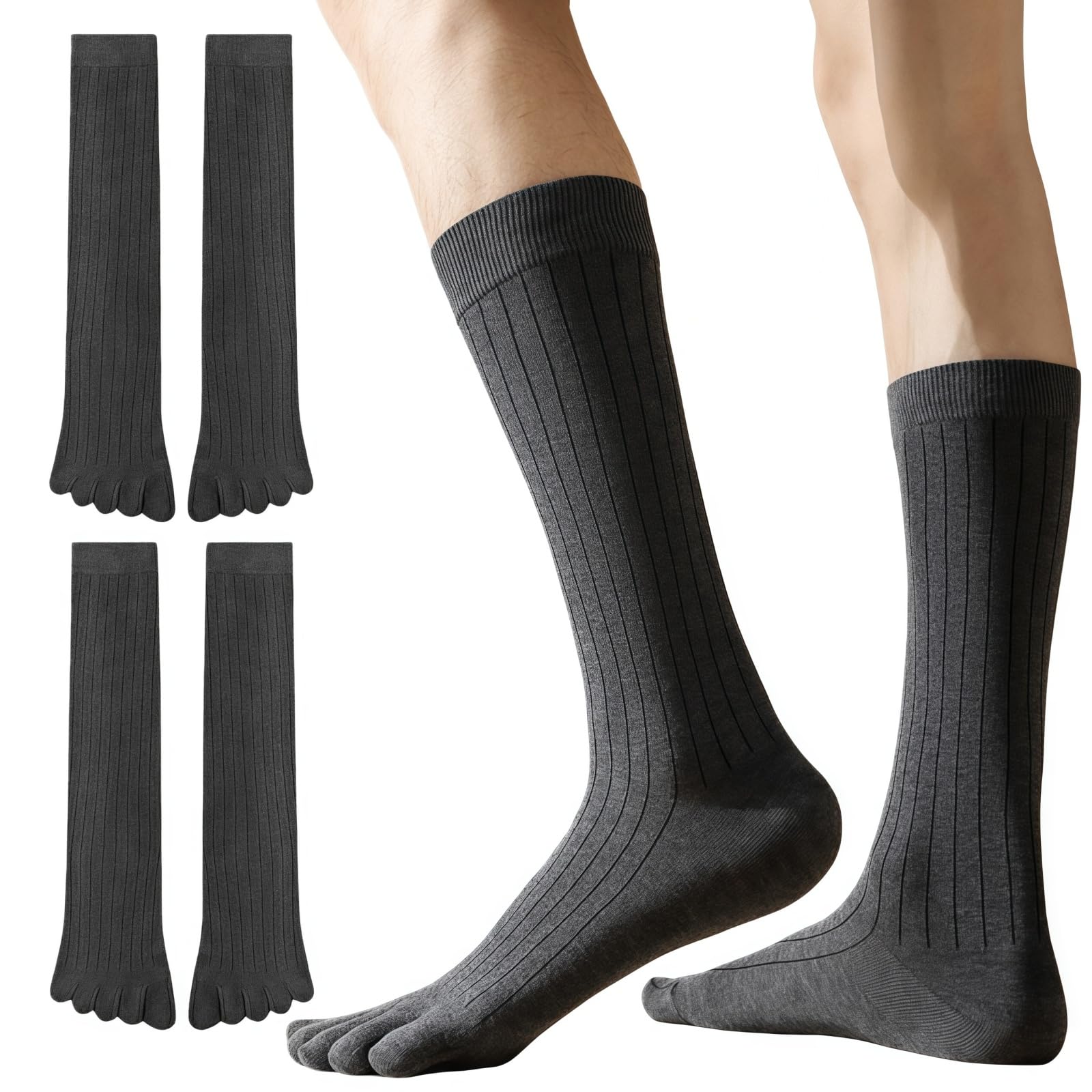 Duoyijin Men's Grey Toe Socks Cotton Five Finger Socks Sports Running Business Calf Sock Striped Soft Breathable 2 Pairs Uk 6-10,