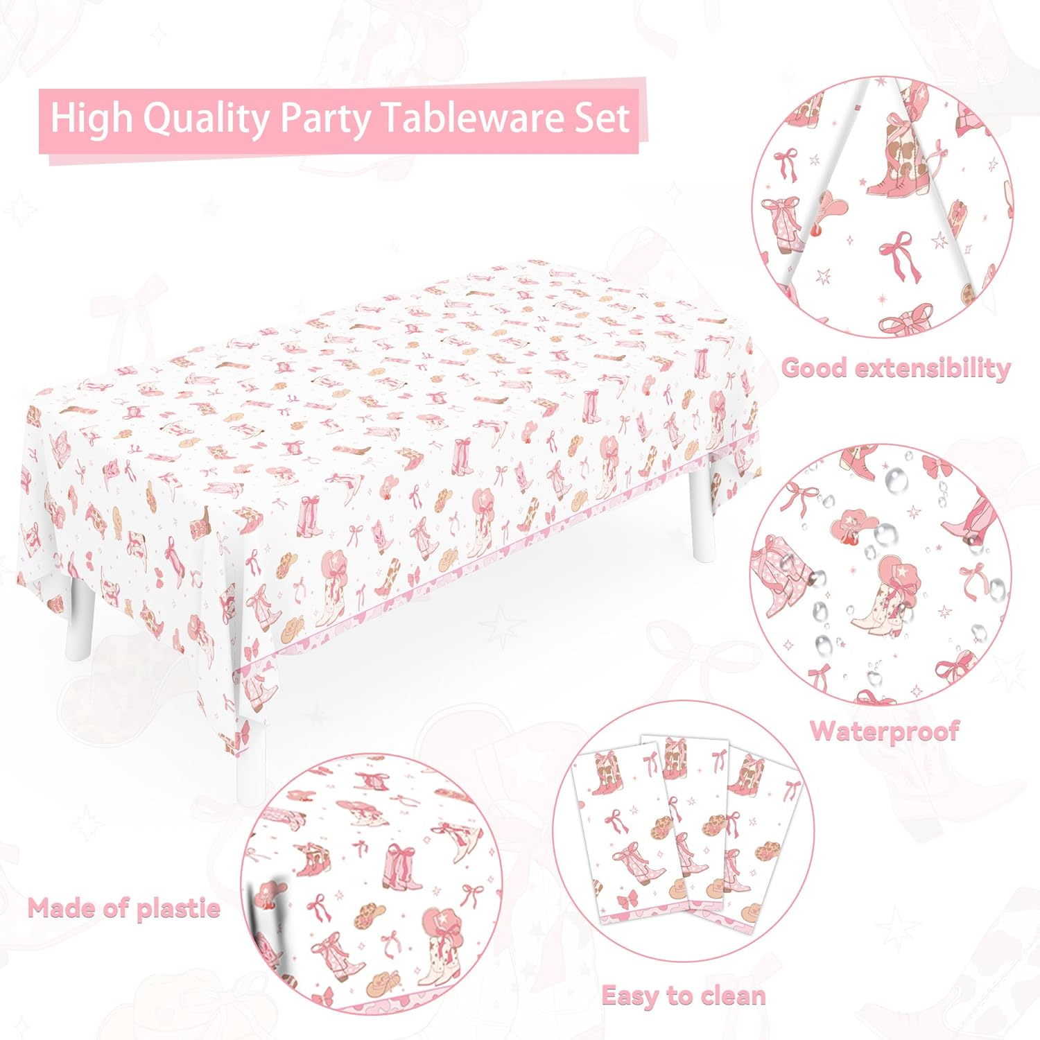 Pink Bow Cowgirl Party Dinnerware Kit for Girls - 20 Guests All-in-One, Bow Cowgirl Decorations, Coquette Birthday Supplies Plates Cutlery Napkins Cups Tablecloth for Western Baby Shower Bachelor - Image 4