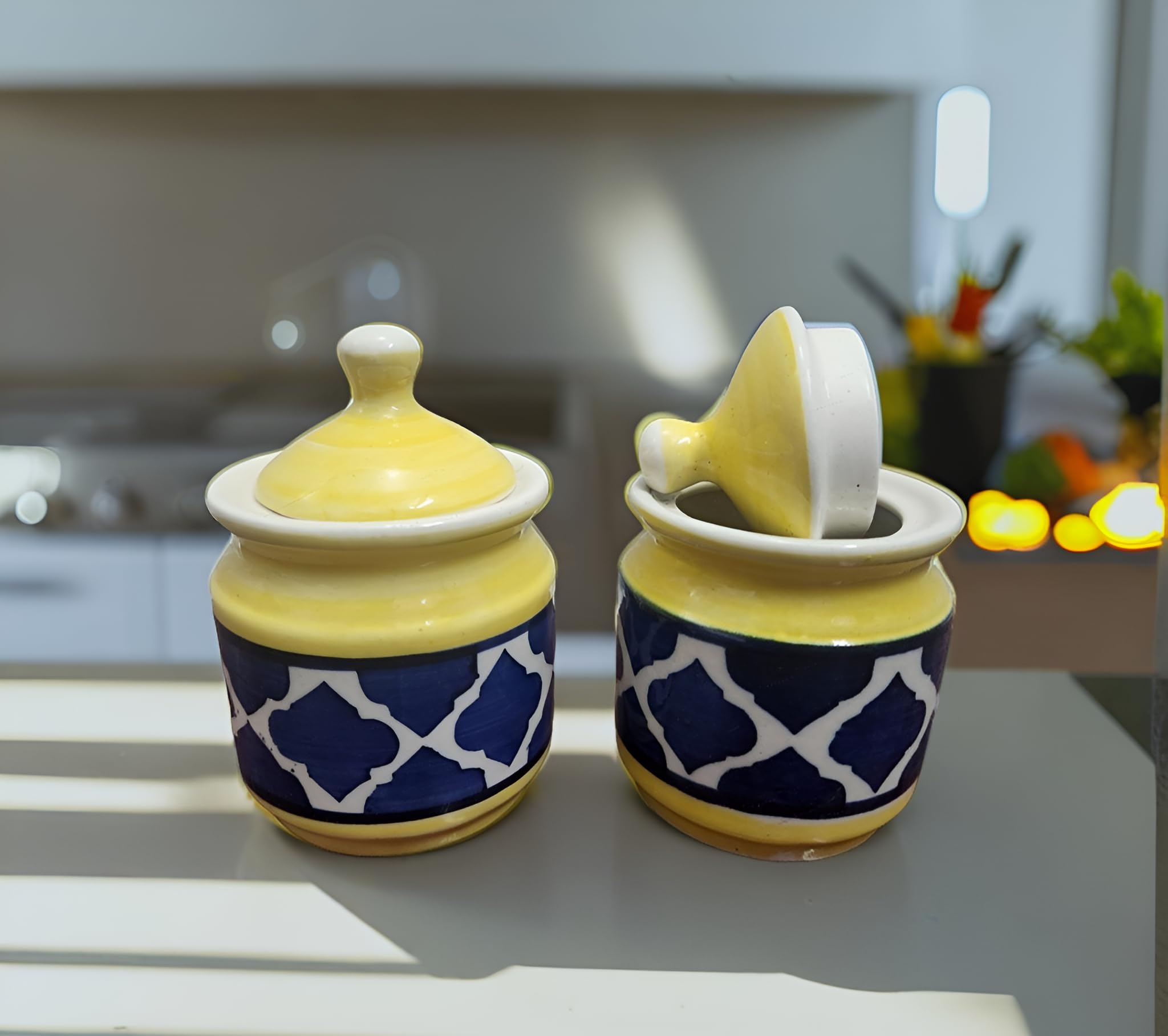 CHRONIC DECOR Ceramic Multicolour Mini Jars with Lid, 200ml, Set of 2 (Yellow-Blue Umrao) (B0DDQJ9P38) Amazon Price History, Amazon Price Tracker