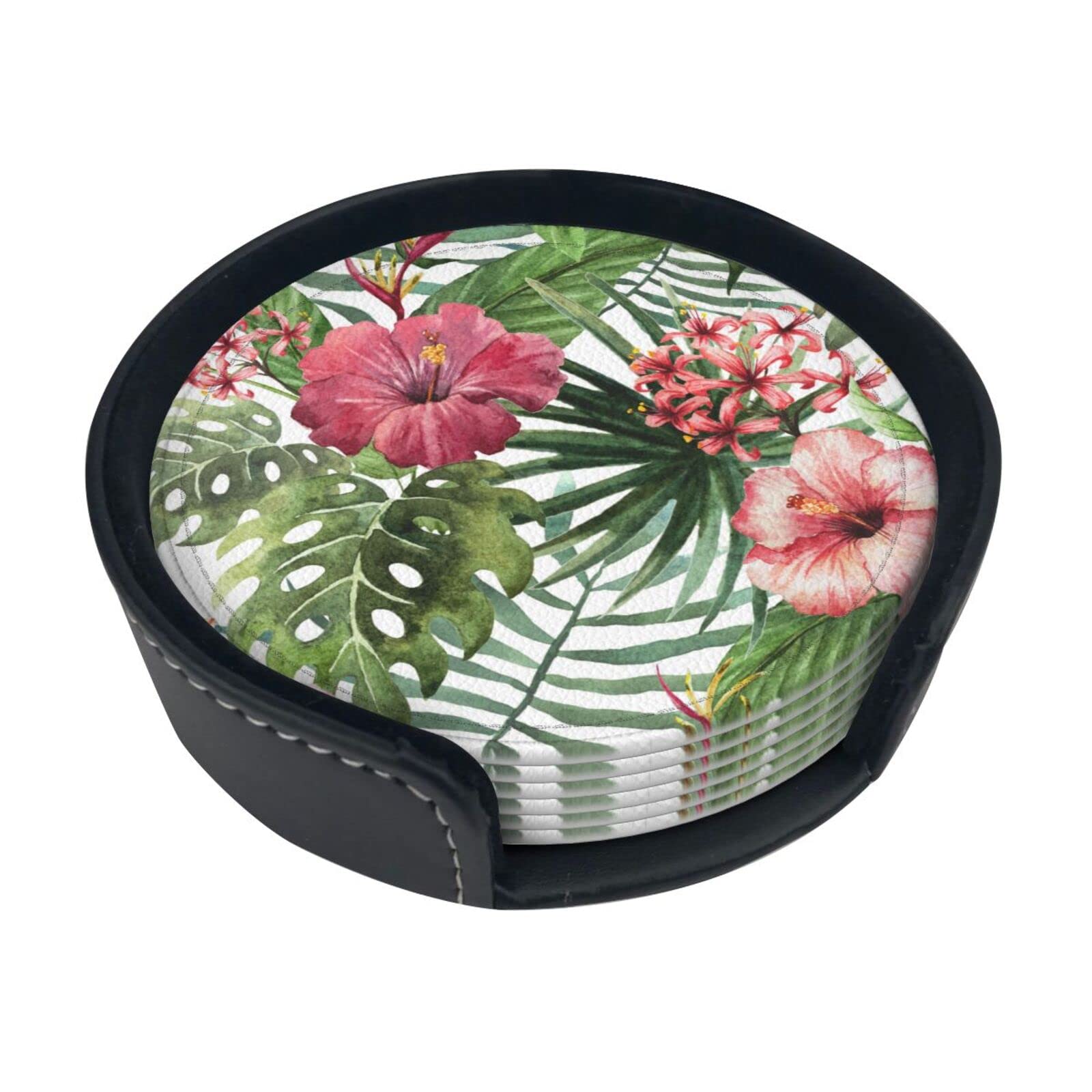 Alteko Tropical Leaves Coasters Set Of 6 Print Leather Coasters For Drinks,Home Décor And Housewarming Gift