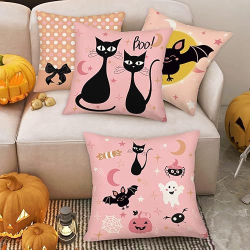 Miniatura 2 de Juego de 4 fundas de almohada rosas con diseño de gatos negros, arañas abucheantes, fantasmas, murciélagos, luna, calabaza, lunares, vacaciones,