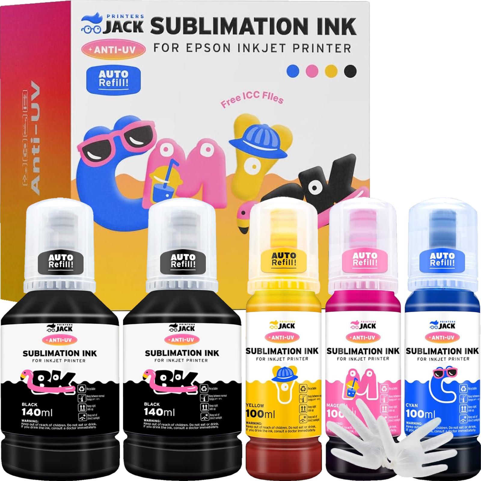 Printers Jack 580ML Sublimation Ink Refilled Bottlescompatible for ET2400 ET2720 ET2760 ET2750 ET4800 ET-2800 ET-2803 ET-2850 Inkjet Printers Heat Press Transfer on Mugs T-Shirts