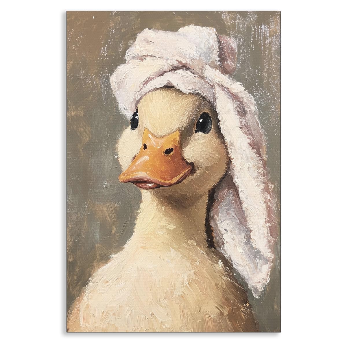 Fenbhjgy Duck With Towel Duck Bathroom Canvas Wall Art, Charming In Head Portrait Painting, Rustic Quirky Animal Bathroom Poster, Unique Humor Goose Picture For Kids Restroom Wall Decor 12X16in Unframed