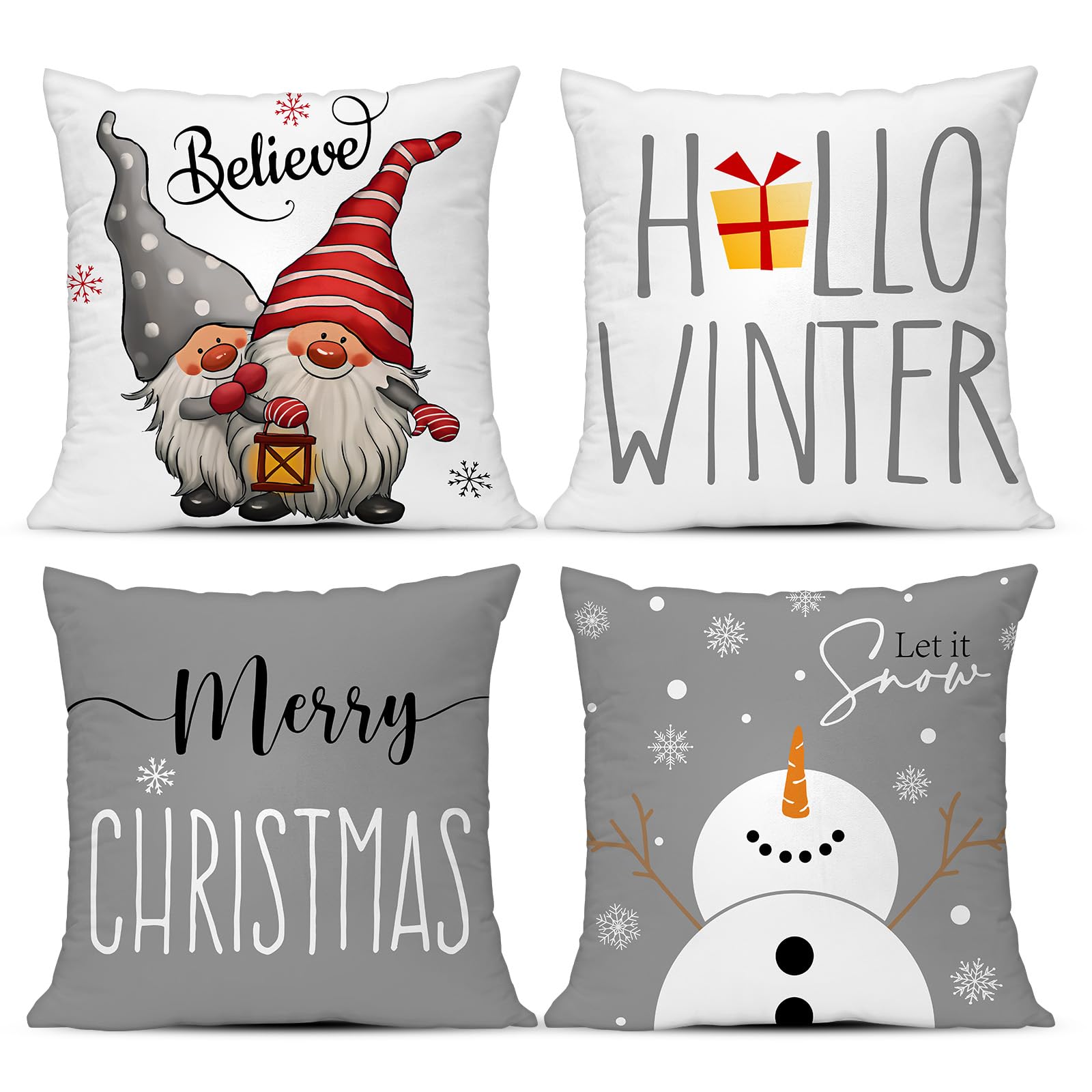 Merry Christmas Pillow Covers 18 x 18 mas Throw Pillow Cases Standard Size Set of 4 Grey White Snowman Velvet Winter Holiday Decorative Pillowcases Shams Soft Vintage Farmhouse Modern