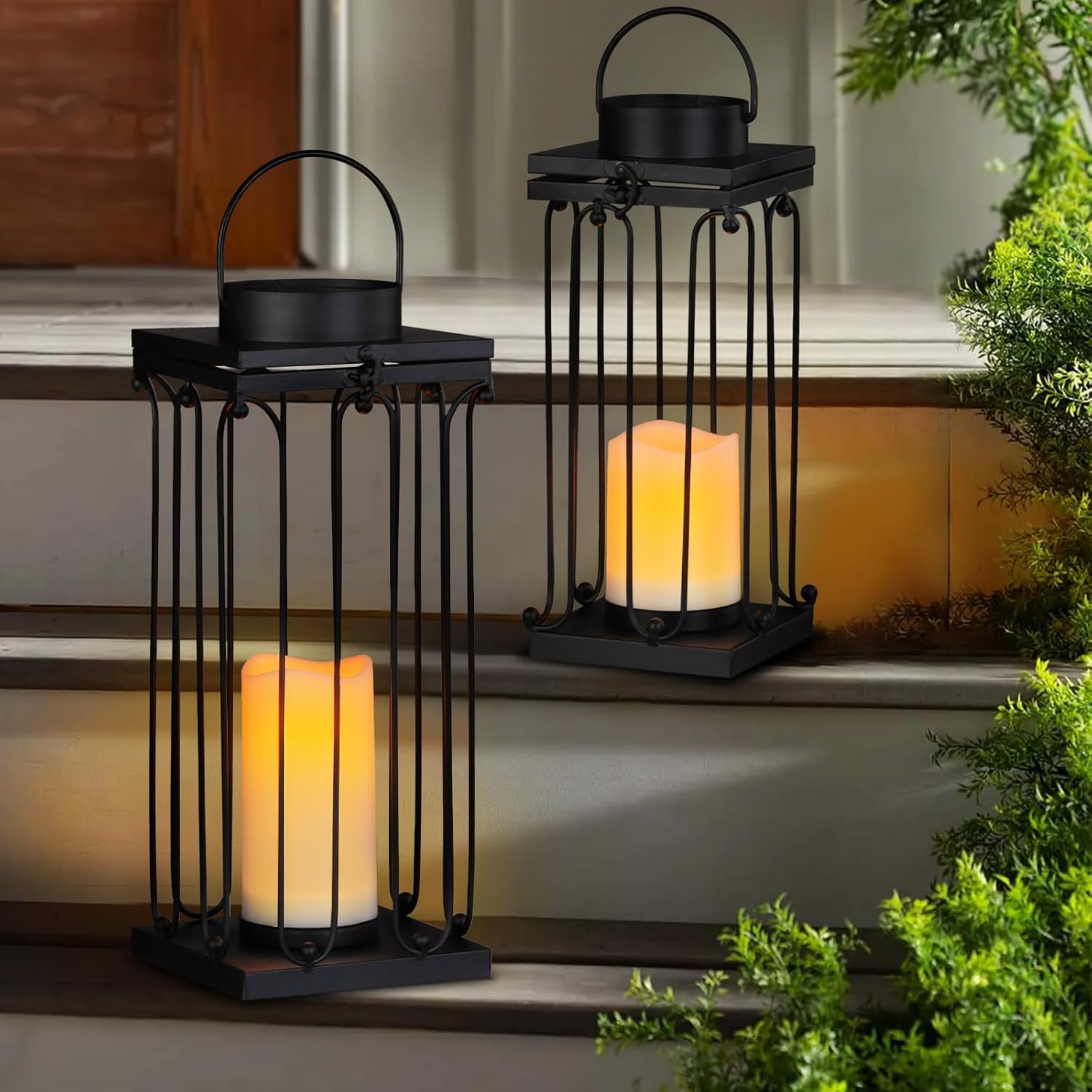 Solar Lantern Decorative Outdoor Set of 2 (18’’ & 15’’) Modern Black Metal Lanterns with Solar Candles, Decorative Candle Lanterns for Outdoor Porch, Patio, Garden, Yard Decor