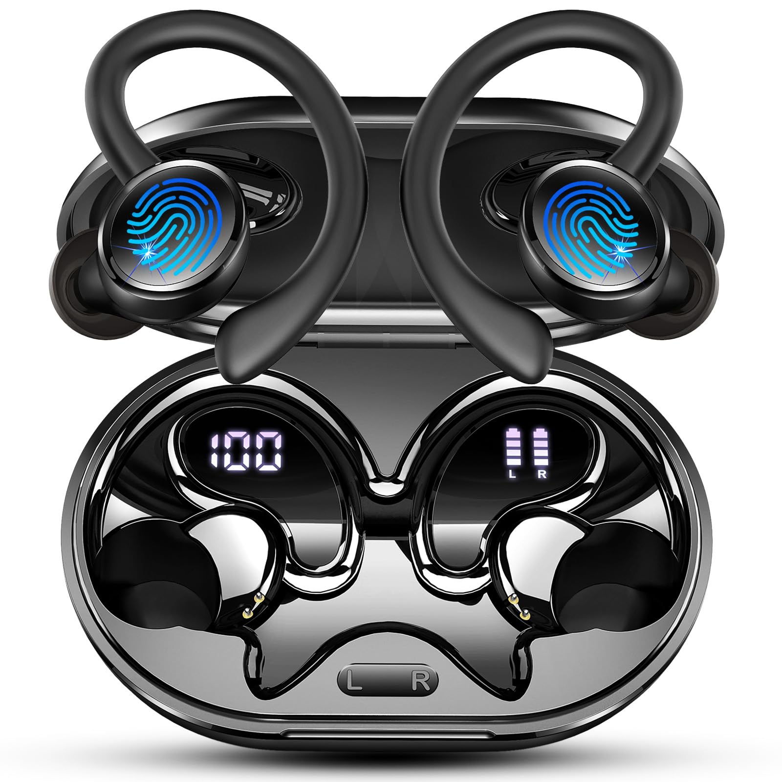 Bluetooth 5.4 Sport Headphones, Bluetooth Earphones with Hifi Stereo 3D Bass, 50 Hours Wireless Headphones In Ear Noise Cancellation ENC and 4 HD Mics, LED Display Headphones, IP7 Waterproof Wireless