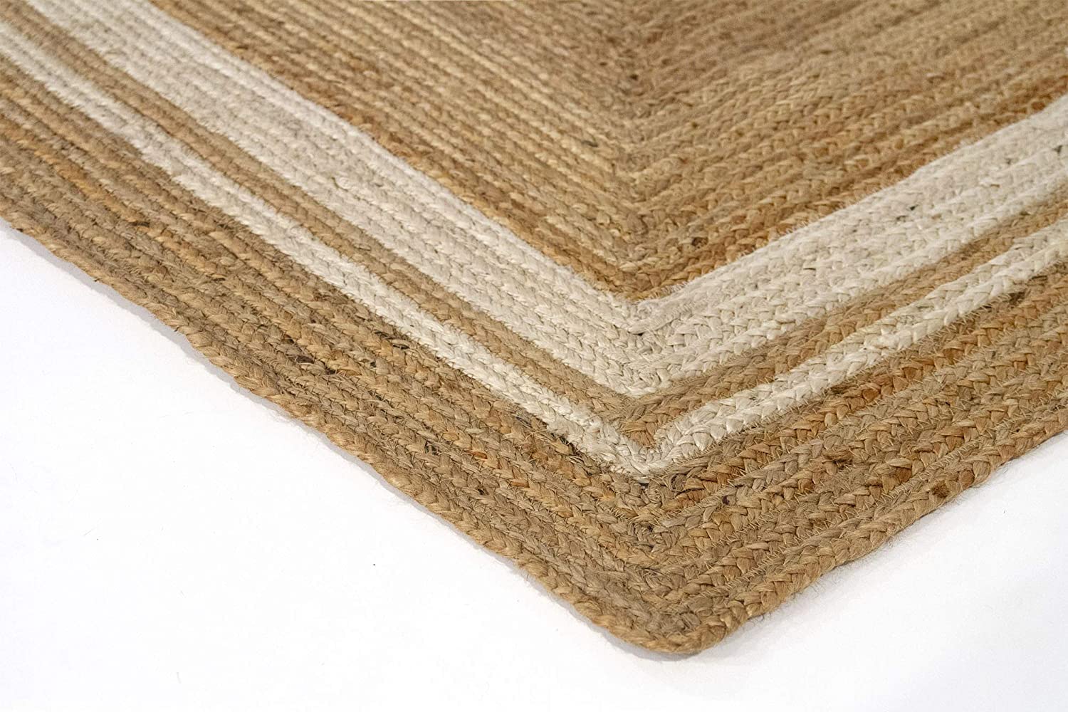 Tapis carré en Jute avec Lignes Blanches pour Salon (150 x 150 cm)
