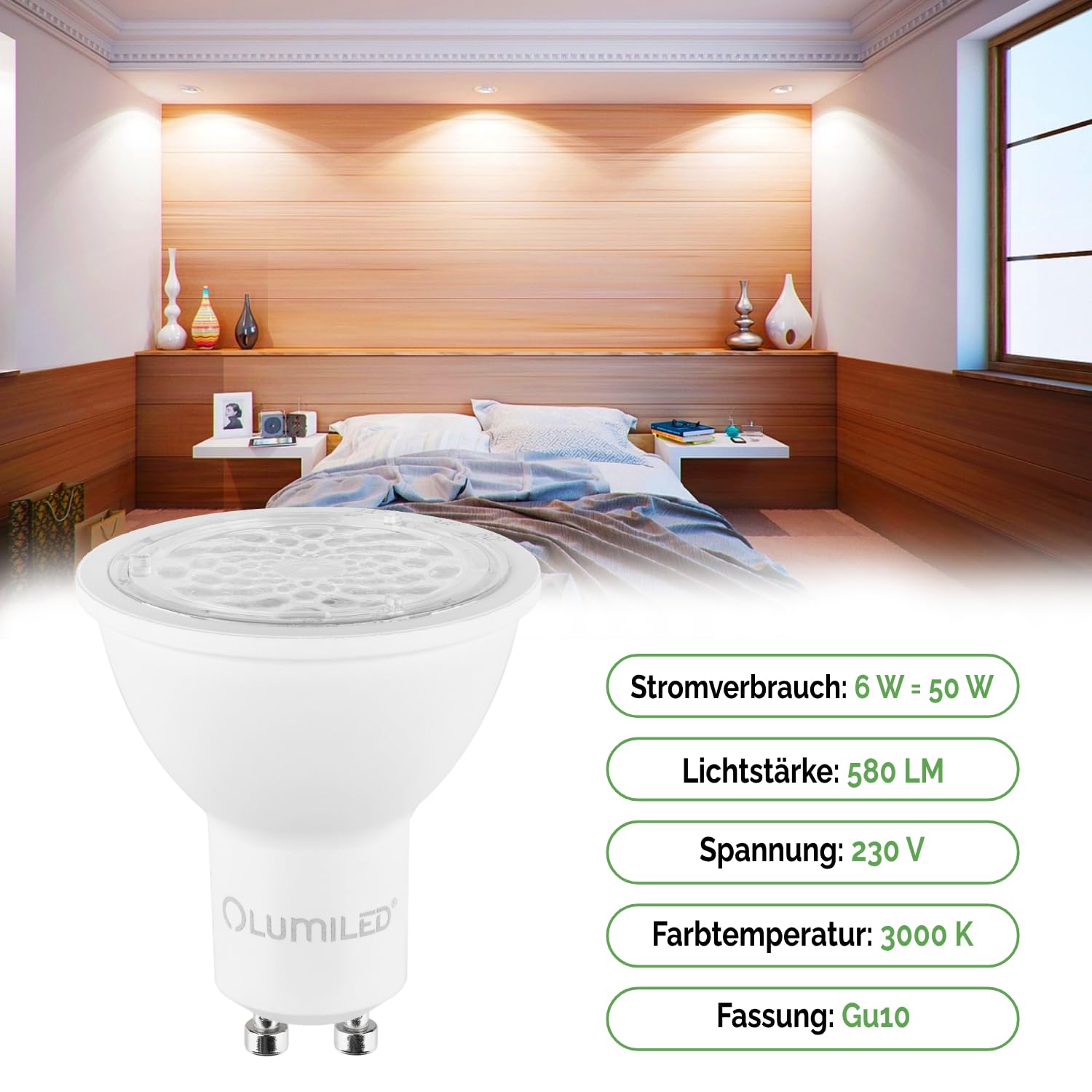 Lumiled GU10 LED, 6W 580 Lumen Leuchtmittel, 3000K warmweiß Birne Lampe Strahler Spot, ersetzt 50W 24°/36°/60° Grad Strahlwinkel Reflektorlampen Reflektor 10 Stück Energiesparlampen