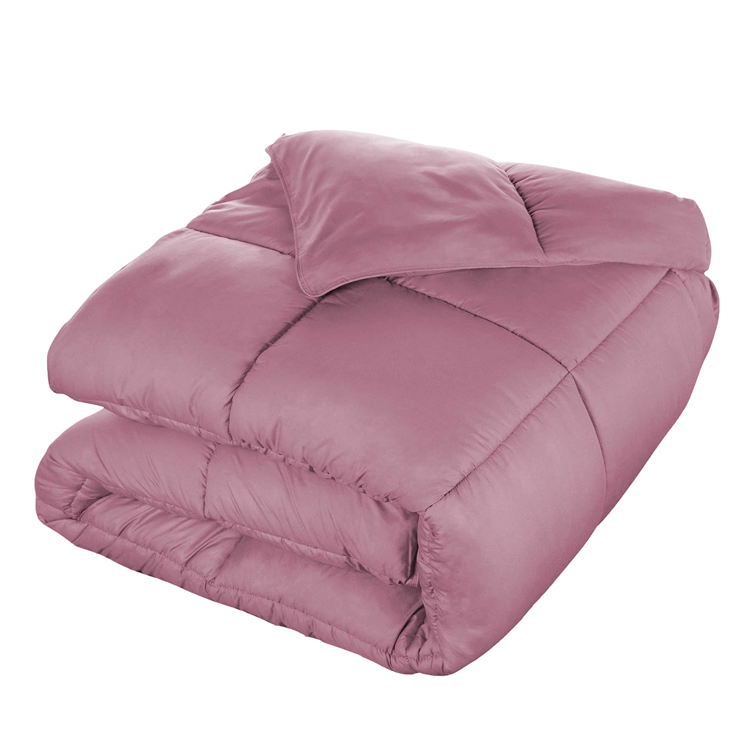 Superior Brushed Microfiber Solid Comforter, Down Alternative Bedding, Reversible, Medium Weight, Fluffy, Decorative, Duvet Insert, Oversized Blanket, Box Quilt Design, Full, Mauve