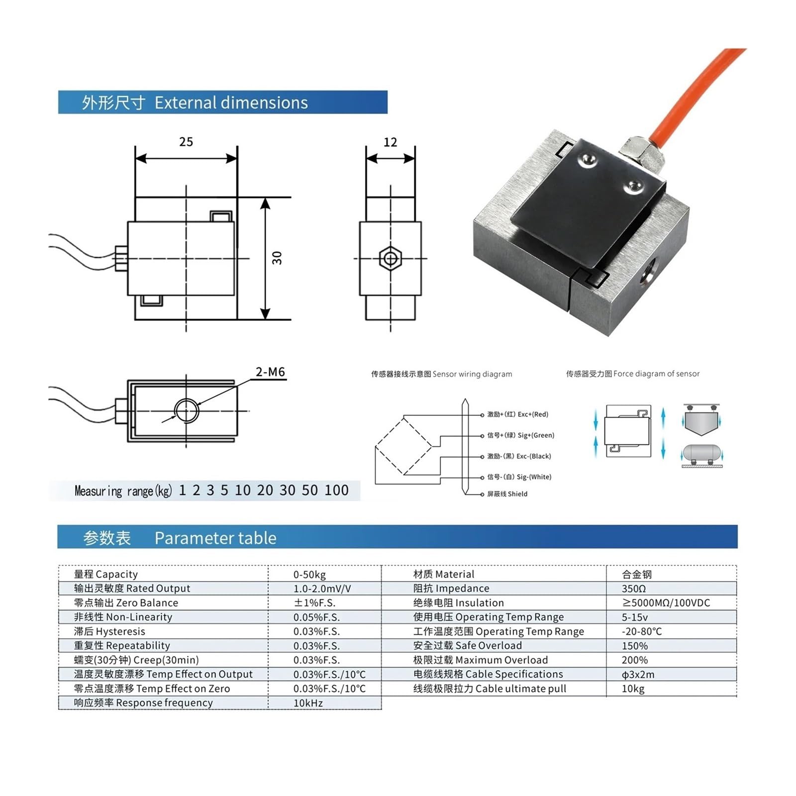 Load Cell 0-20KG Weight Sensor+Indicator Display,Test Tension and Compression Force Weight Pressure Sensor