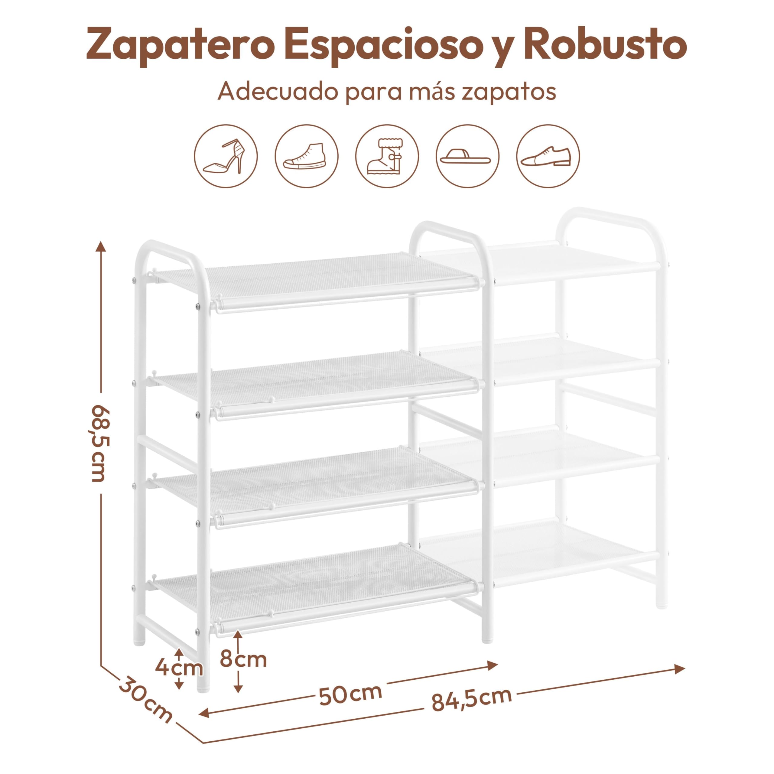 Yaheetech Zapatero Extensible, Estante Zapatos de Malla Metálica de 4 Niveles, Organizador de Zapatos para Entrada, Armario y Pasillo, Ajustable 50-84,5 cm, Capacidad para 15-20 Pares (Blanco)