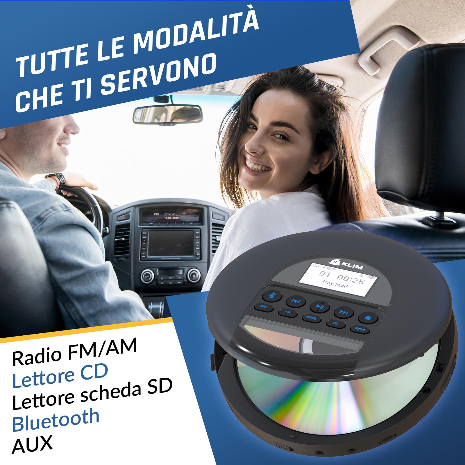 KLIM Nomad - Lettore CD Portatile - Batteria a Lunga Durata - Include Auricolari KLIM Fusion - Compatibile con CD-R, CD-RW, MP3 - Lettore SD, Radio FM, Bluetooth - Ideale per Auto - Hi-Fi - Nero Blu