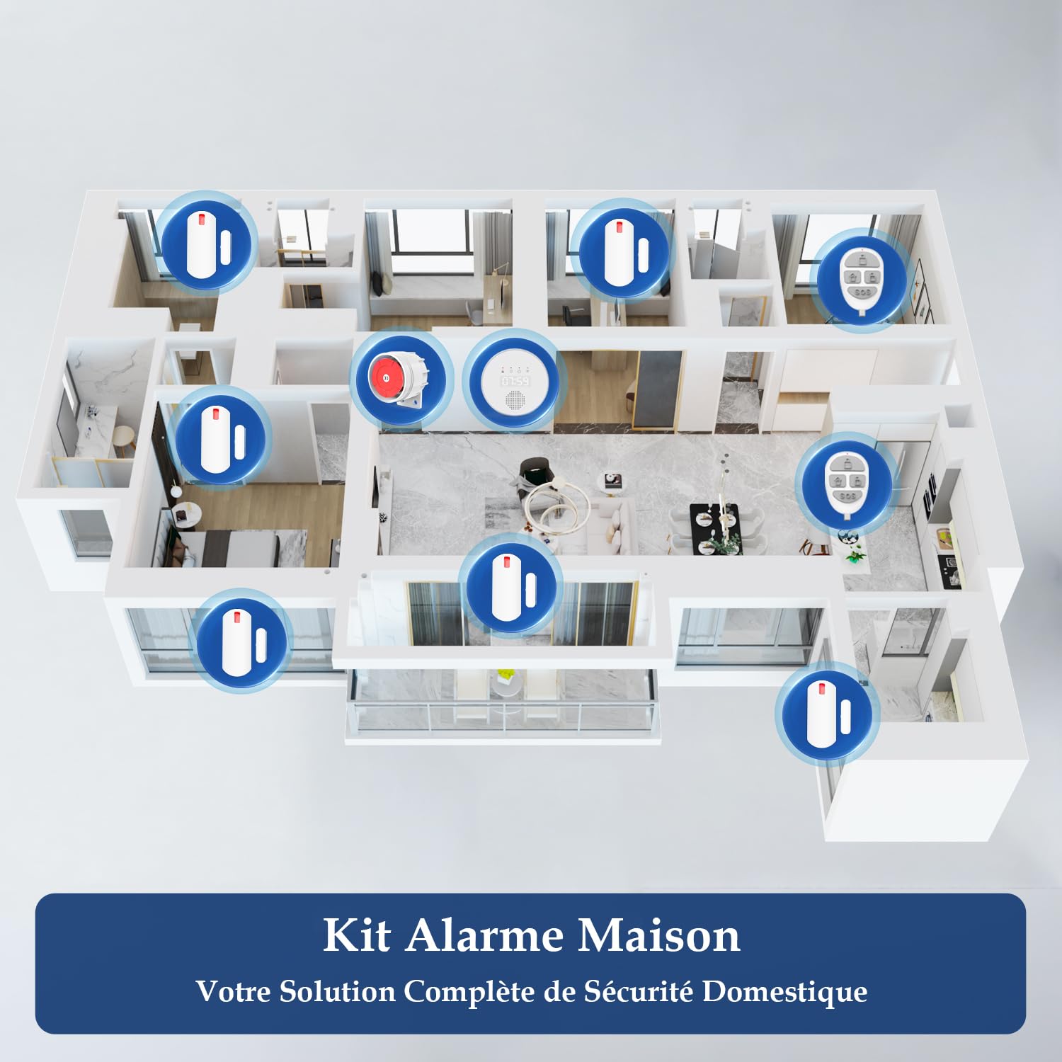 YISEELE Alarme Maison sans Fil: système de sécurité Wi-FI 5 GHz avec Horloge - 1 Sirène 125dB - 6 Capteurs Porte/Fenêtre - 2 Télécommandes - 1 Hub - Compatible Alexa & Google Home