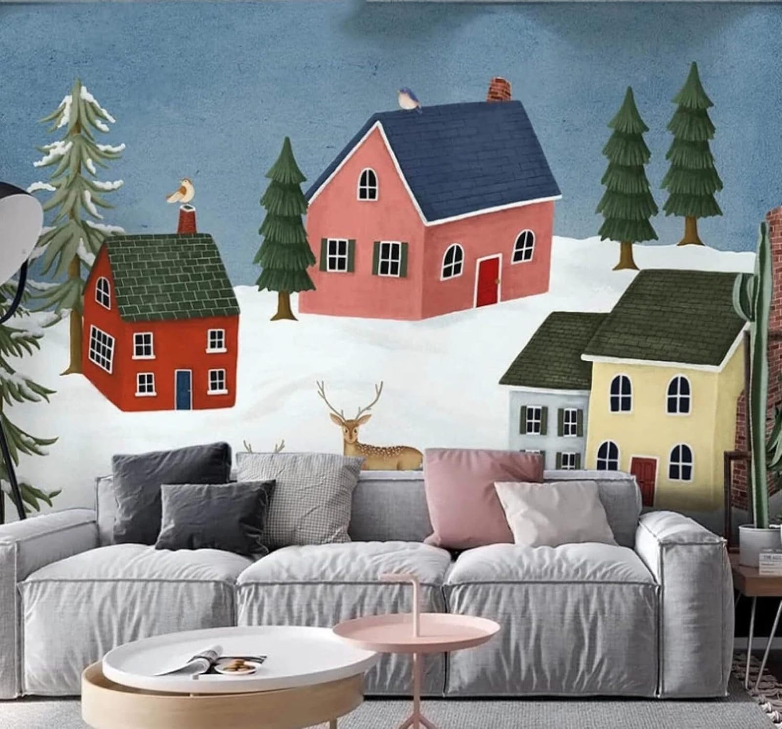 Xlming 430Cm×300Cm(B×H) Cartoon Winter House Roe Deer Landscape 3D Wallpaper Luxury Home Dining Decor Paste Sofa Living Room The Wall For Bedroom Mural-430Cm×300Cm