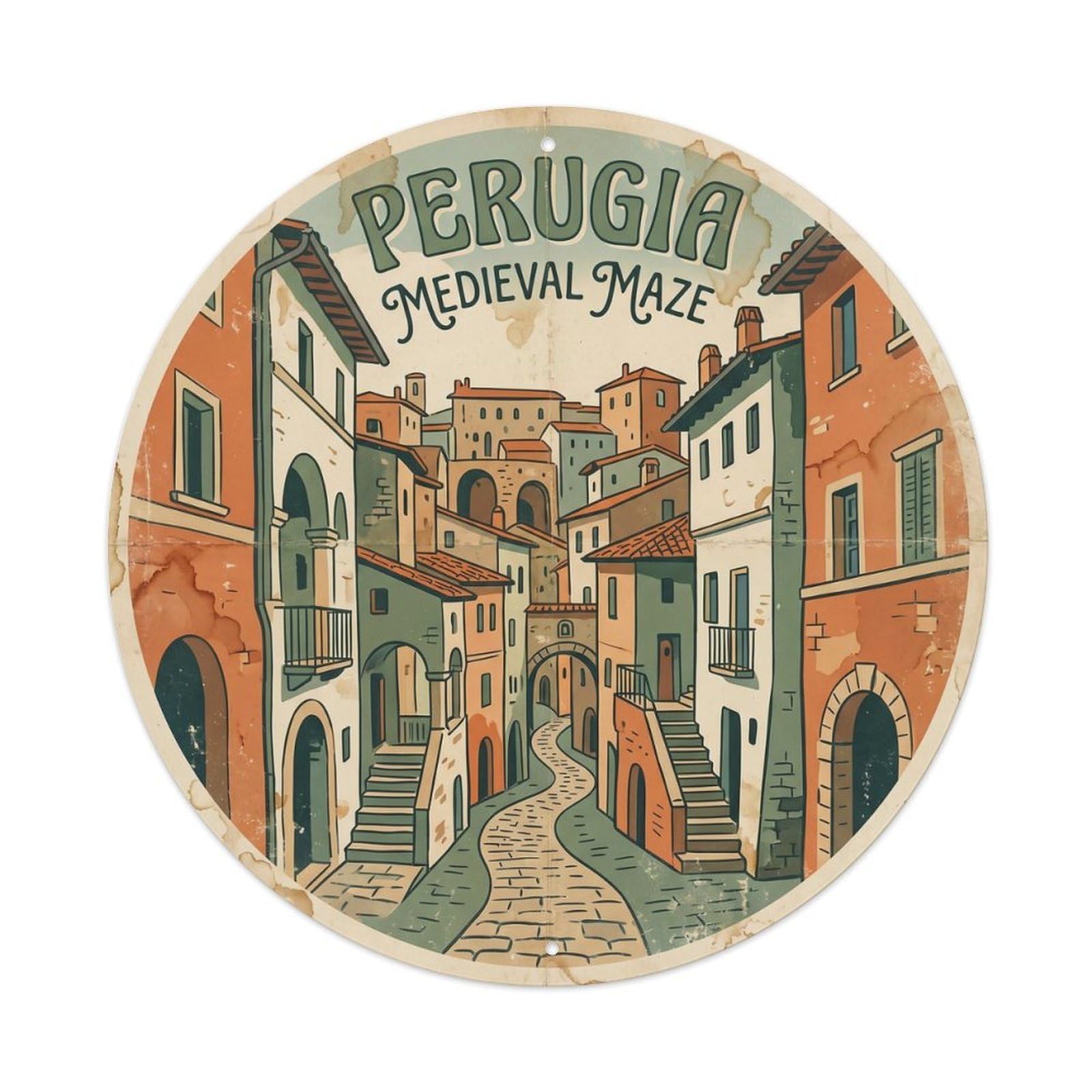 Vintage Travel Perugia Oldtown Italy Metal Tin Sign Plaque Wall Decor for Cafe, Club, Garden Round Metal Poster 8x8Inch