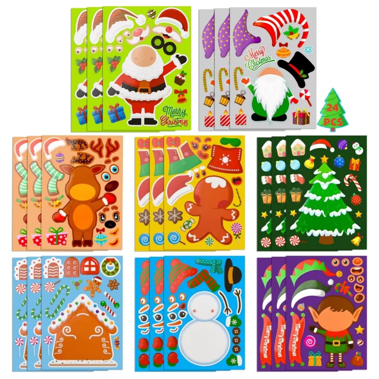 24 Pcs Christmas Stickers for Kids Crafts - DIY Make Your Own Face Sticker, Home Made Party Stickers for Card Making - for Boys and Girls