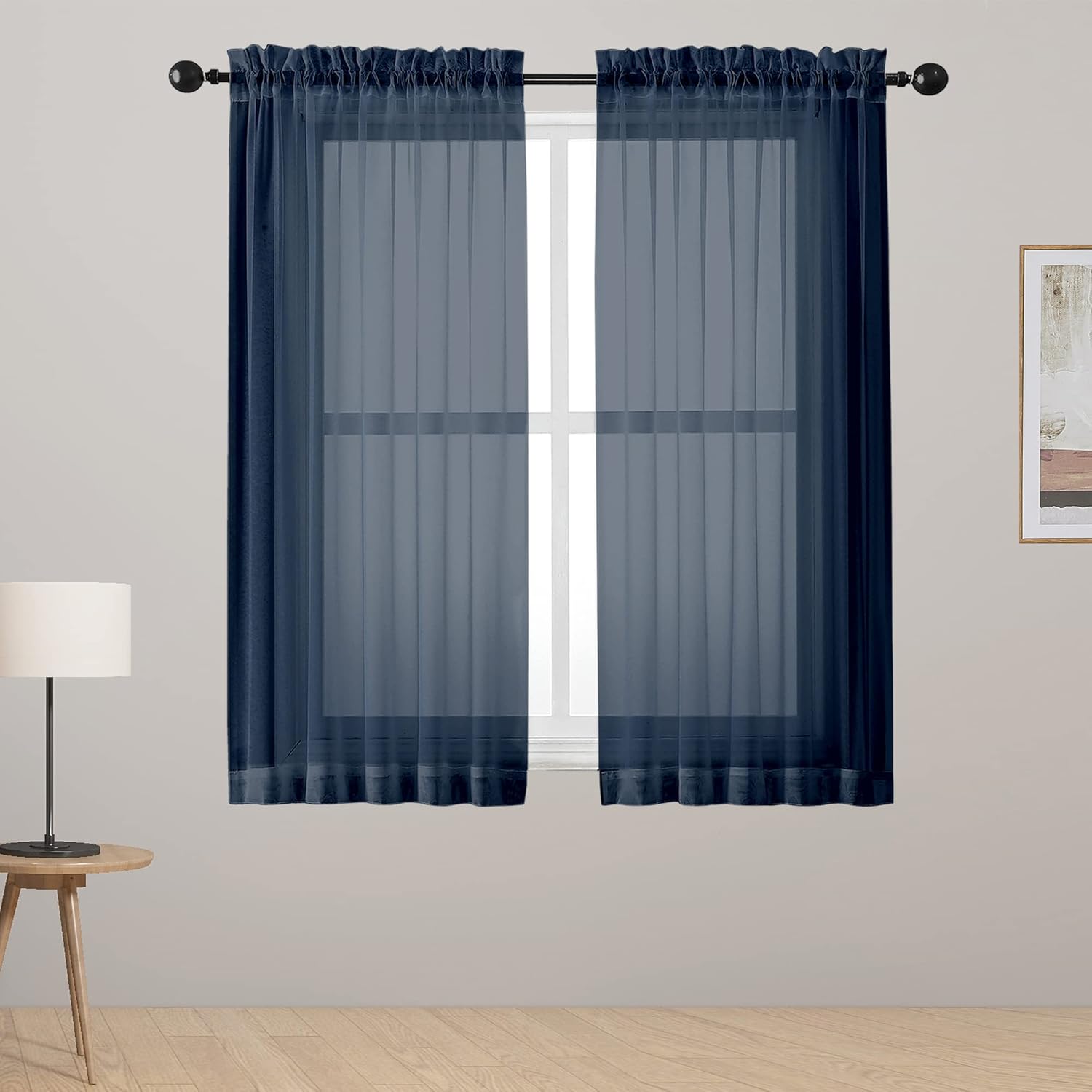 Lecloud Navy Blue Sheer Curtains 45 Inch Long 2 Panels