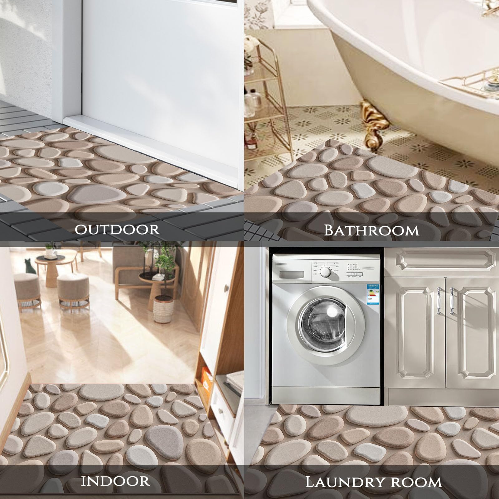 Schmutzfangmatte Innen, Moderne Steinmauer Waschbarer Fußmatte Kieselsteine Und Felsen Teppiche rutschfest Eingangstürmatte Absorbierend für Flur, Garten, Küche, 90x150 cm, Beige