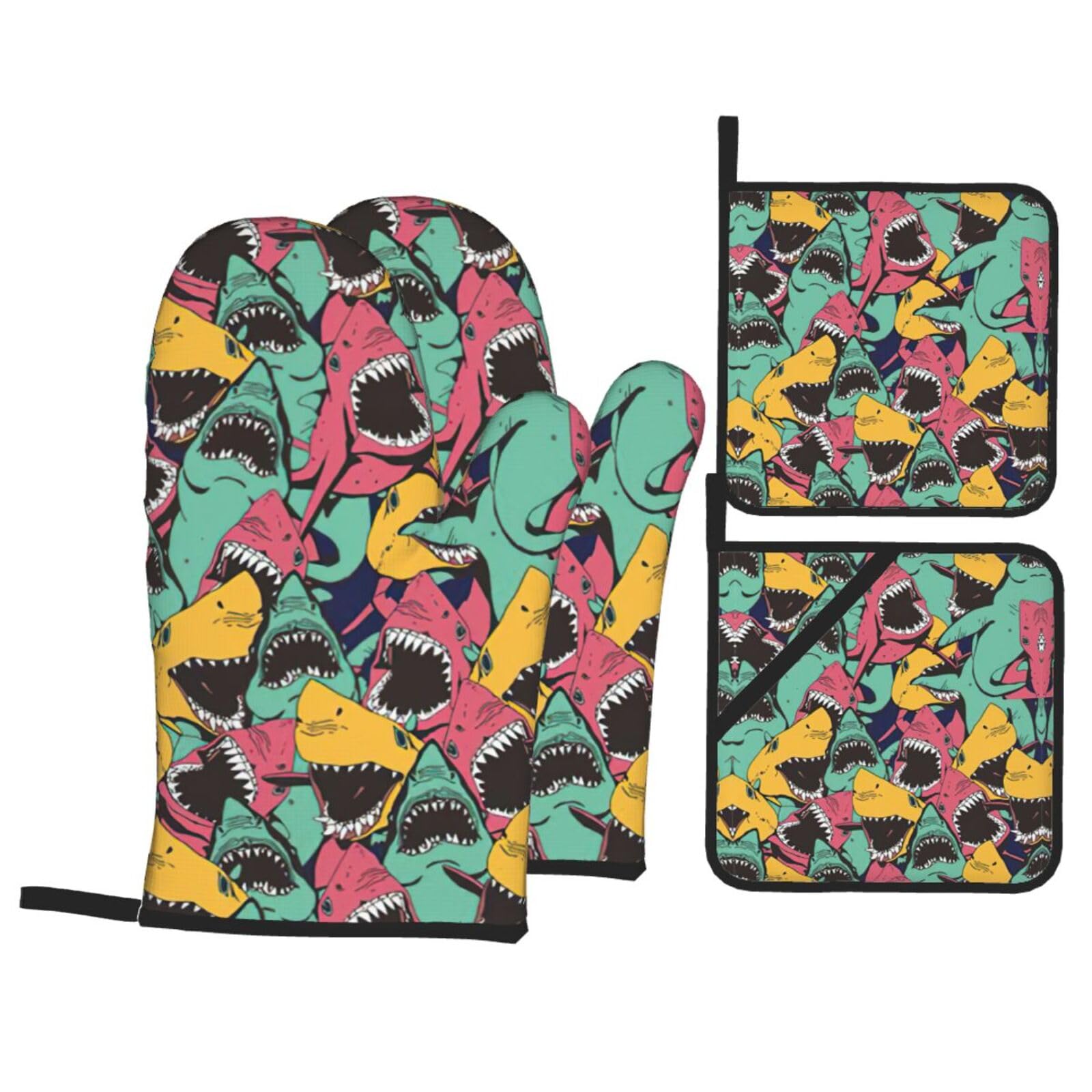 Shark Pattern Print Stylish 4-Piece Microwaving Oven Waterproof Kitchen Gloves Baking Holiday Cooking