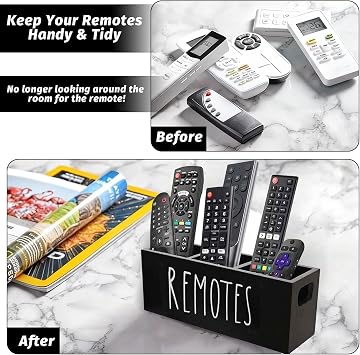 Large Wooden Remote Control Holder (25.4 cm), 3-Compartment TV Remote Holder & Organizer, Extra Long Remote Caddy for Multiple Remotes, Keys, Pens for Living Room, Bedside Table - Black