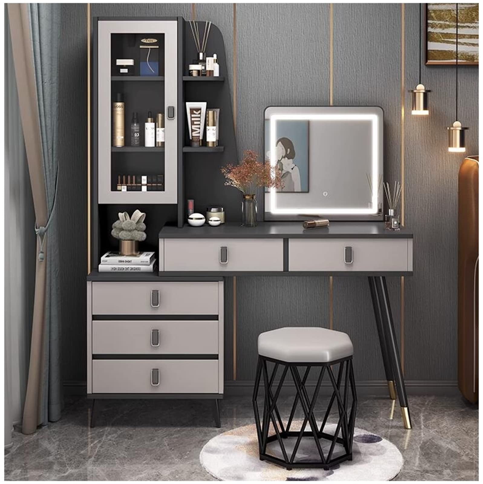CGCSYZ Modern White Vanity Table with Lighted Mirror Adjustable Brightness Drawers and Cabinet 80CM Height(Gray Left-80CM)