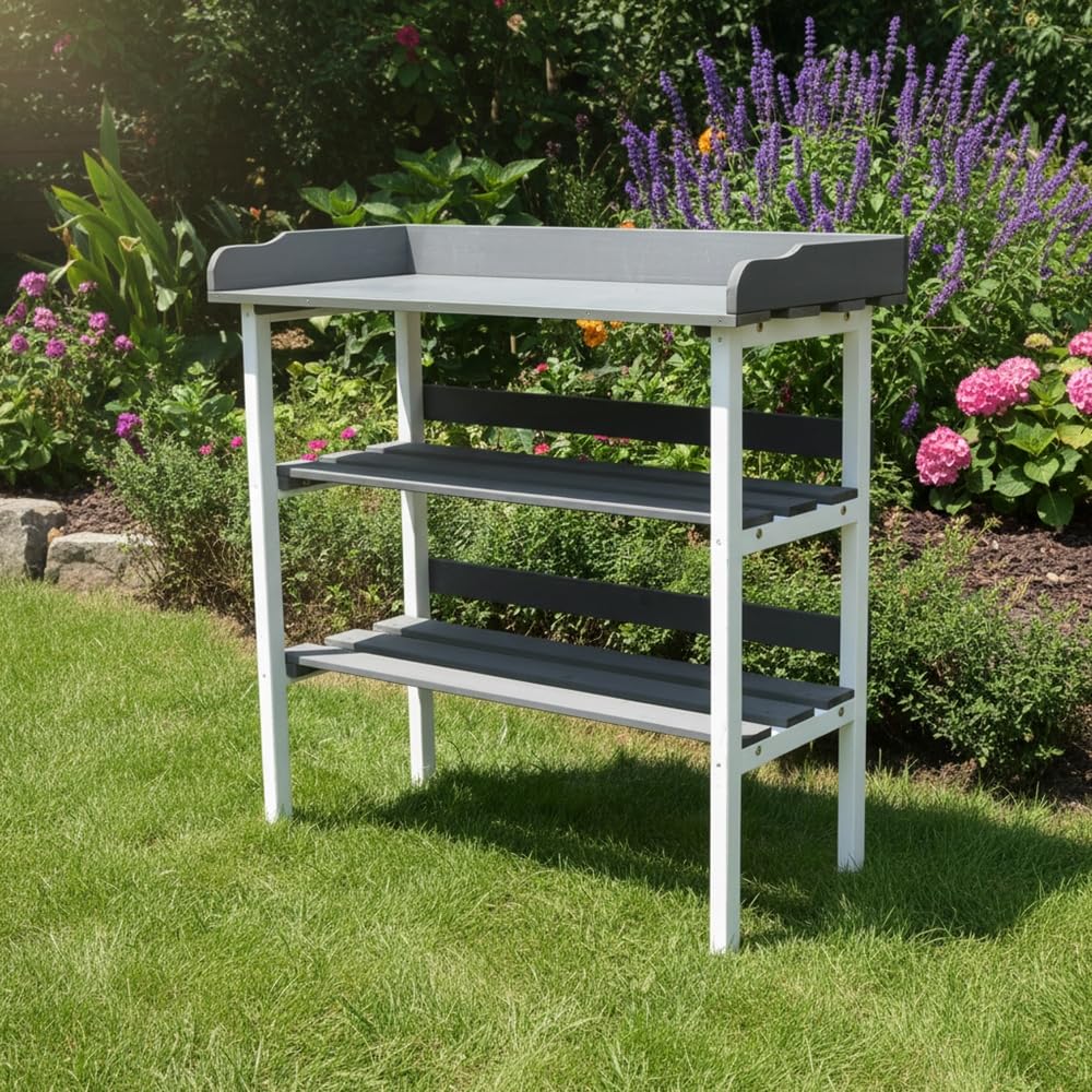 Mucola Pflanztisch Gartenarbeitstisch verzinkte Arbeitsplatte 84x78x38 cm | Gärtnertisch aus Fichtenholz, 2 Ablageböden und 3 Haken, Grau Weiß, für Balkon, Terrasse und Gewächshaus, Lieferung zerlegt