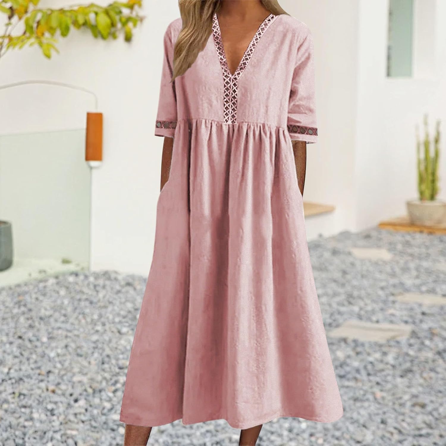 Women's Cotton V Neck Long Flowy Loose Dress, Short Sleeve Plus Size Elegant Casual Wedding Guest Sun Dress 2026