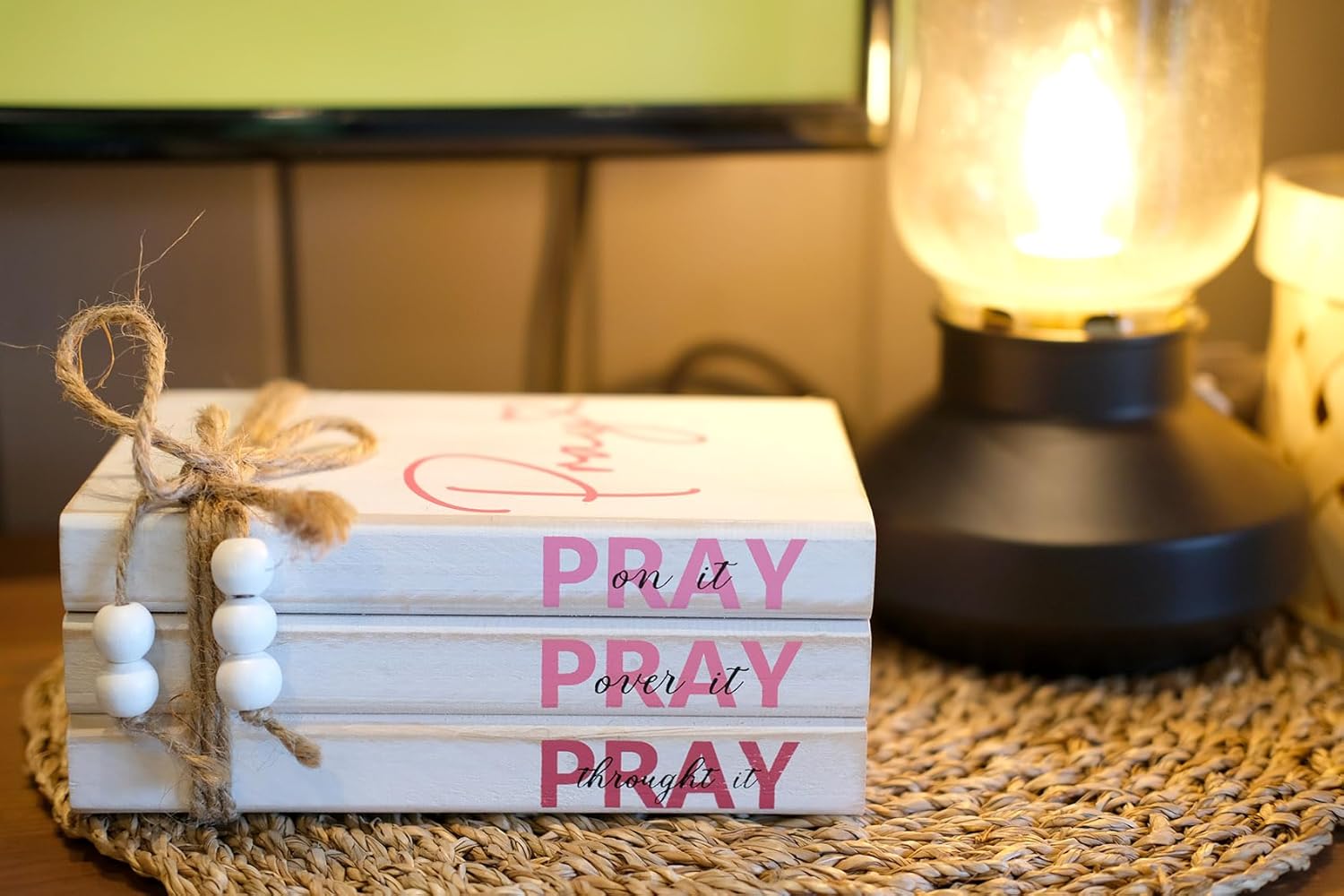 LIVDUCOT Pink Wood Book Stack Pray Christian Home Decor for Women - Wooden Block Sign Table Decoration - Inspiration Prayer Office Decor Religious Gift