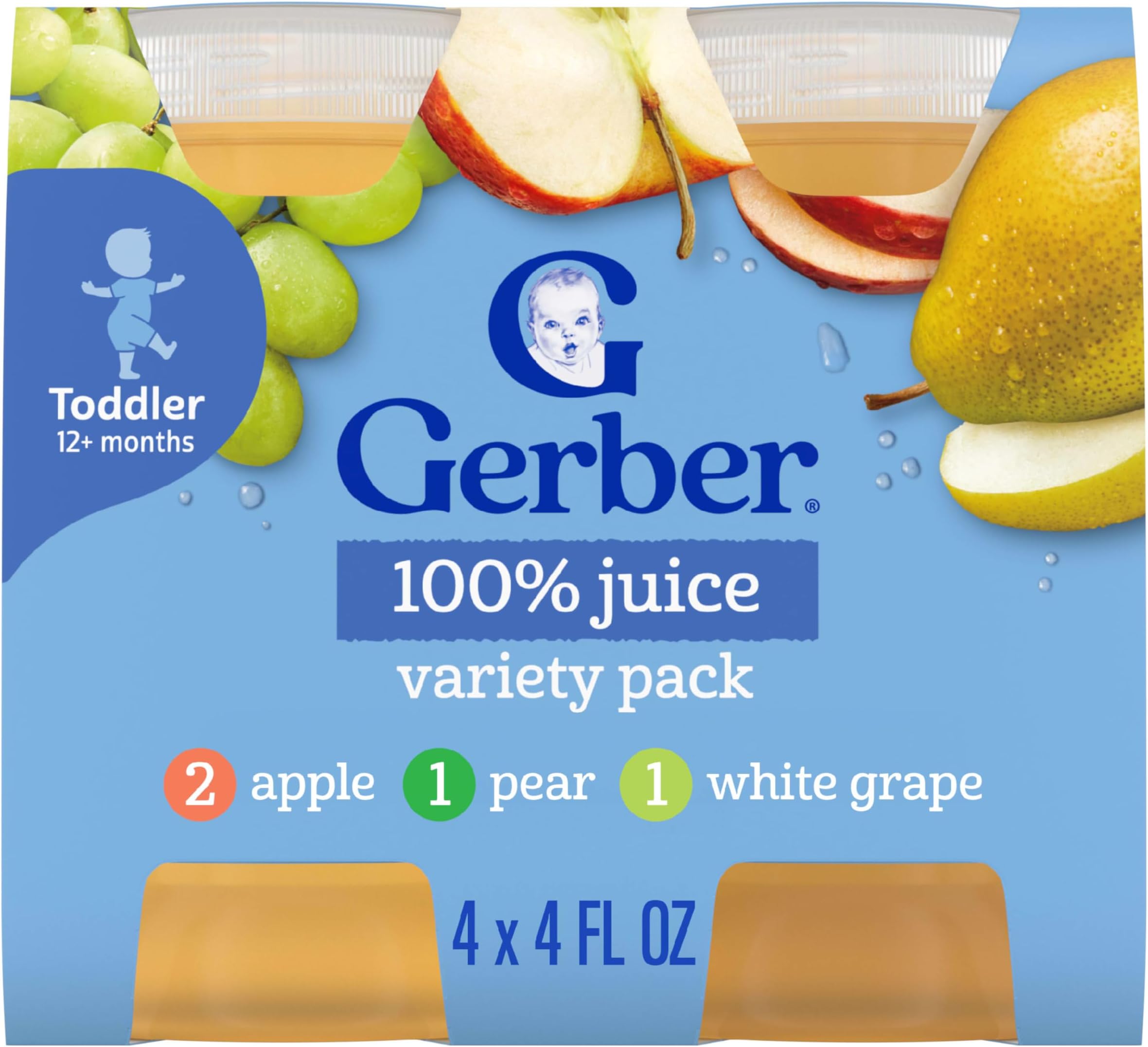 Gerber Toddler Juice, Apple, Pear, White Grape, Toddler Drink, Variety Pack, 4PK