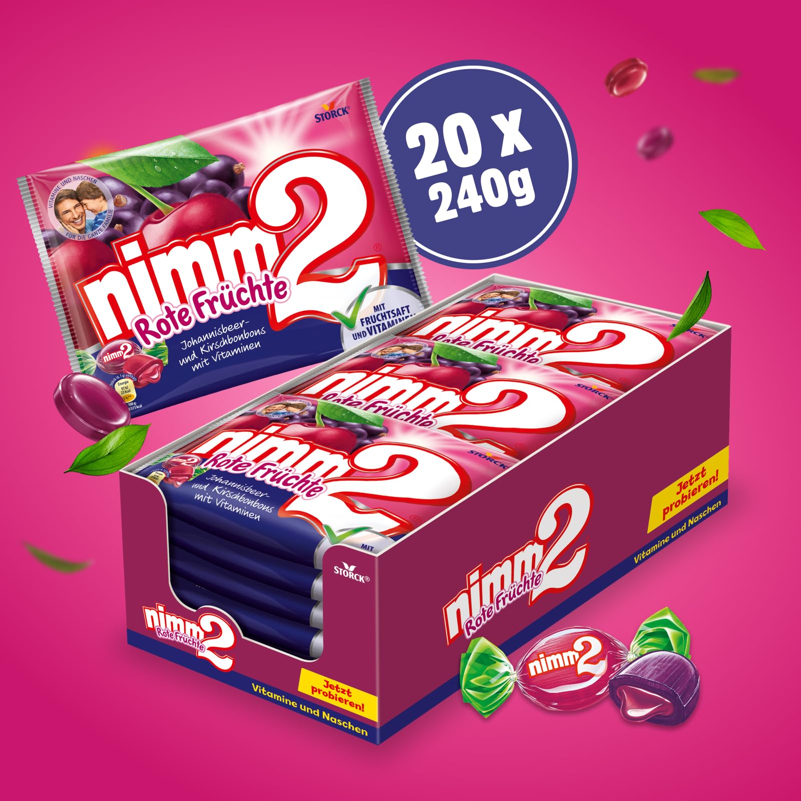 nimm2 Rote Früchte Bonbons – 20 x 240 g – Gefüllte Fruchtbonbons mit Johannisbeere- und Kirschgeschmack – Mit Fruchtsaft und Vitaminen