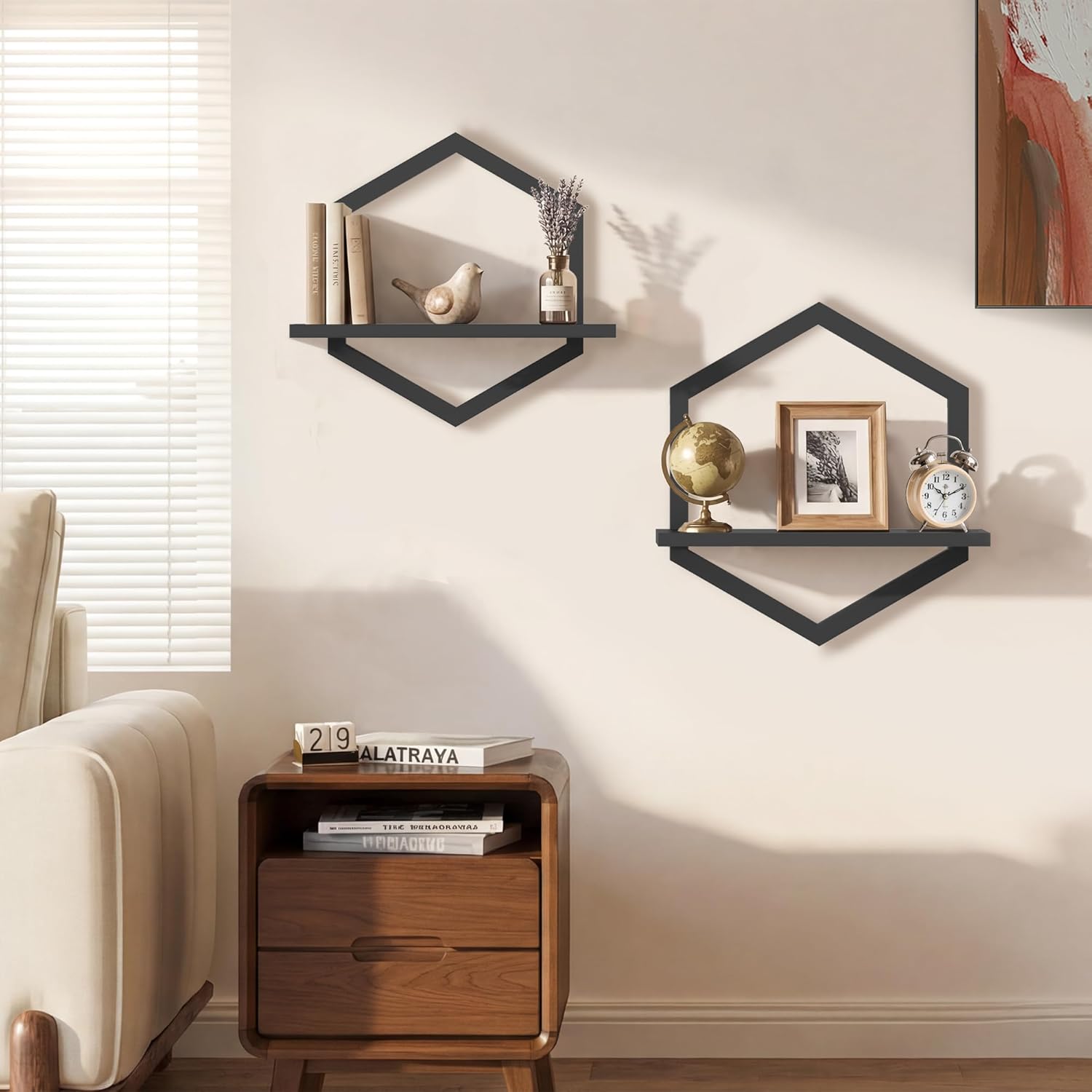 KALYLOC Floating Shelves for Wall, Hanging Shelves Wall Shelf for Plants, Decorative Wall Mounted Shelves for Living Room Bedroom Bathroom Home Office Kitchen, Black Wood Set of 2