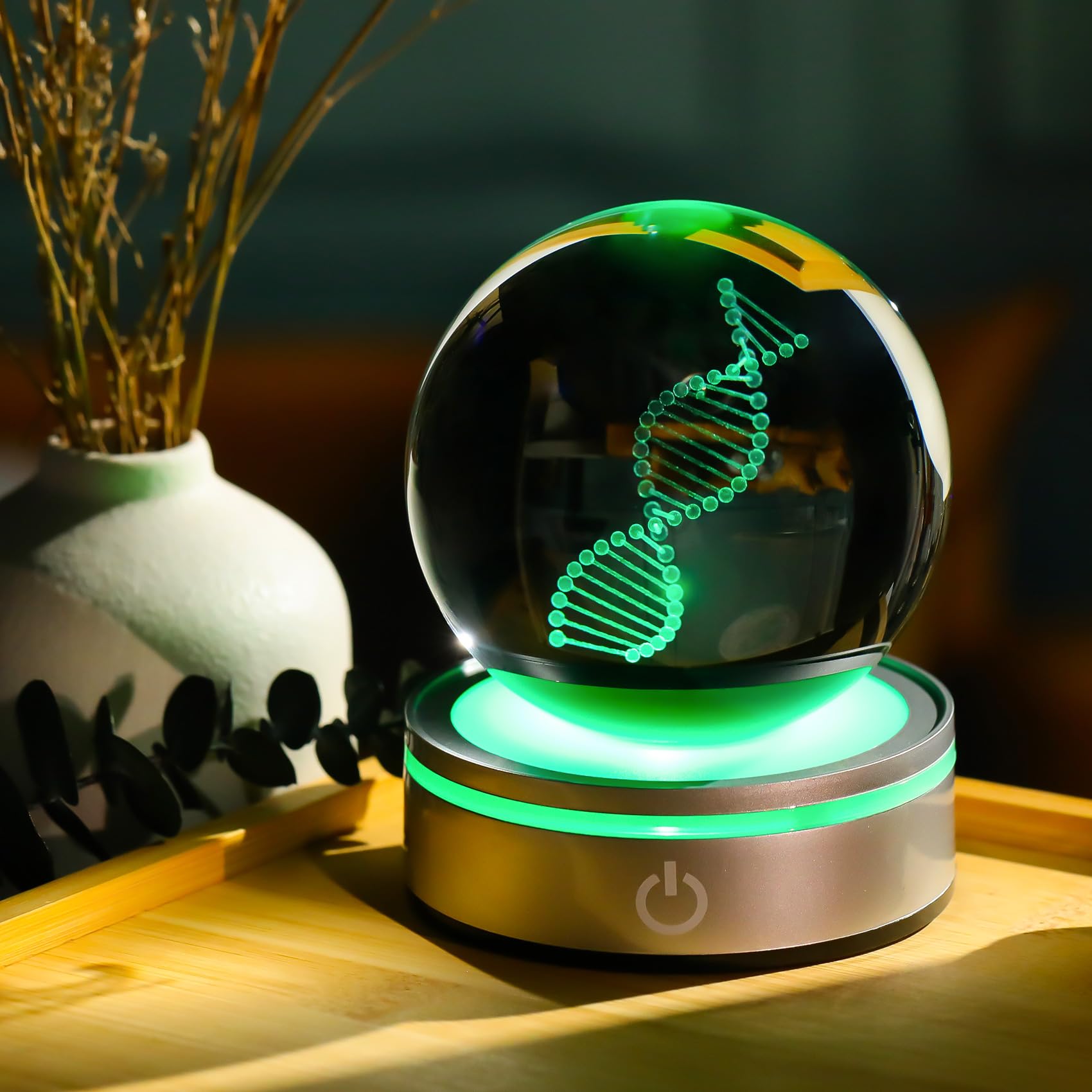 Sfera di cristallo DNA con base a LED, decorazione scientifica unica con incisione laser 3D, regalo per insegnanti di biologia, studenti di medicina e amanti della scienza, luce notturna