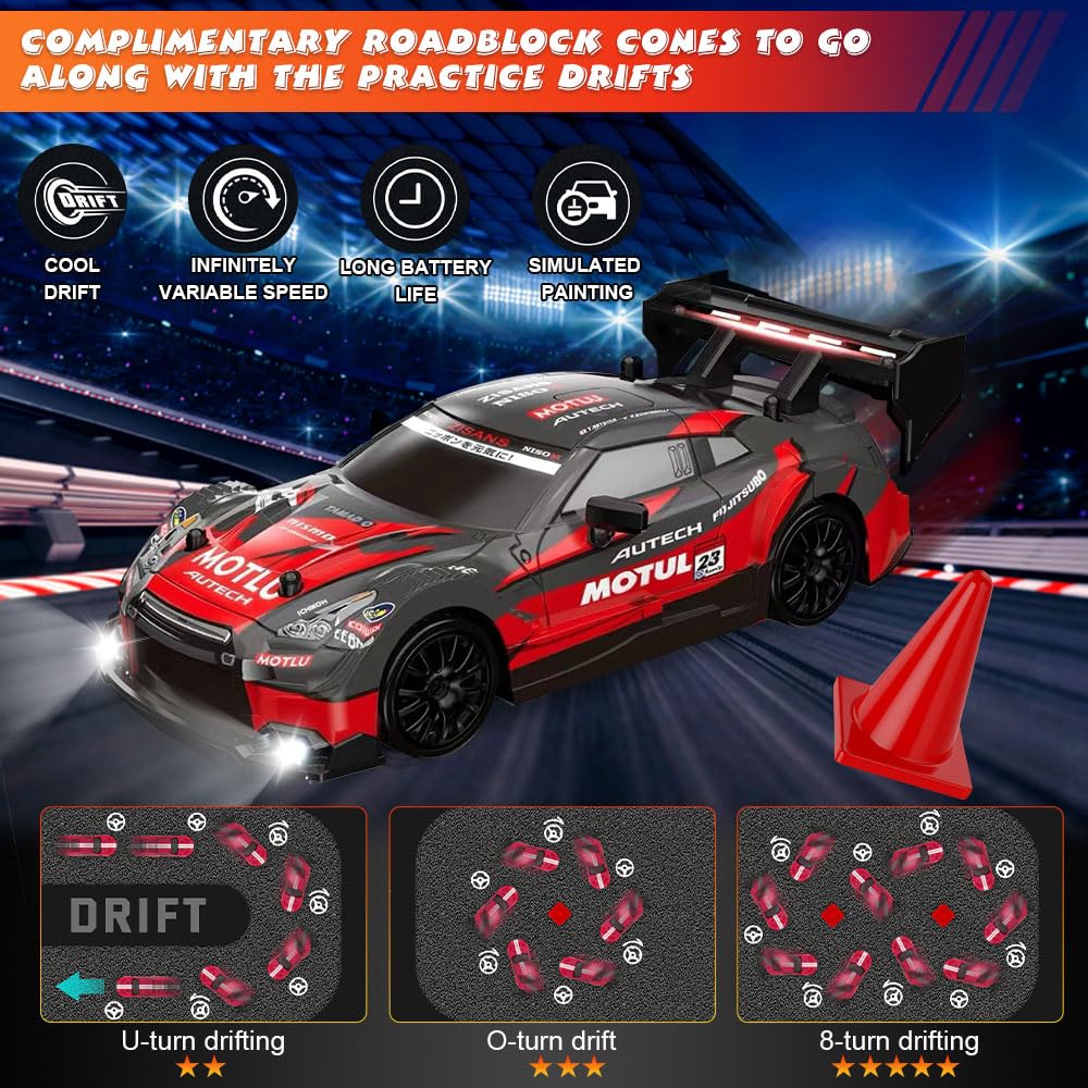 KUWUNG RC Drift Car, 1:24 Remote Control Cars with Cool LED Lighting, 2.4 GHz Rechargeable Mini RC Drift Car, 30km/h, 4WD Toy Vehicle Gift for Kids and Adults (Red) - Image 4