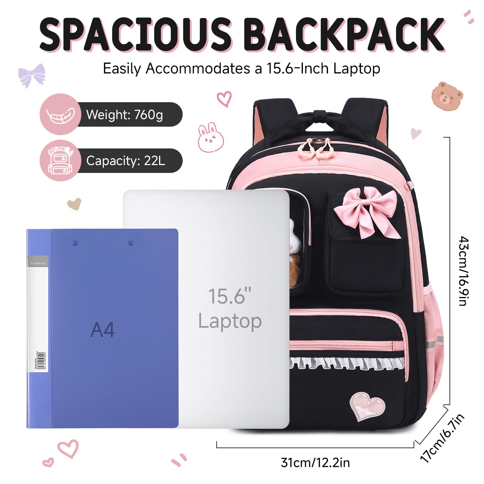 Amythe Schultasche Mädchen Rucksack Kinder 22 Liter Schwarz Rosa Reflektierend